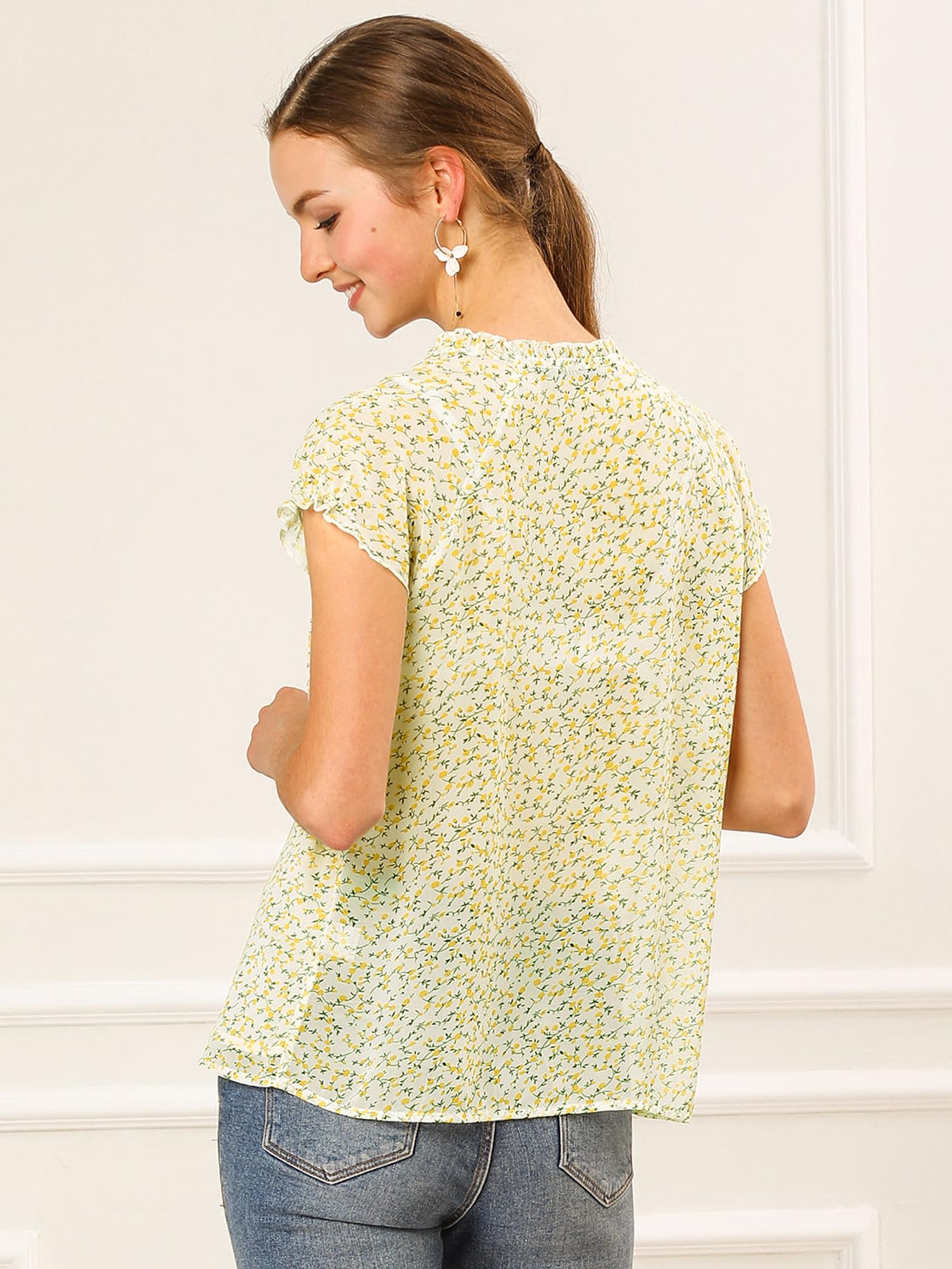 Allegra K Women's Floral Print V-Neck Chiffon Blouse - Short Cap Sleeve Ruffled Summer Top for Casual Wear, Office & Date Night Outfits | 2025 Trendy Floral Shirt