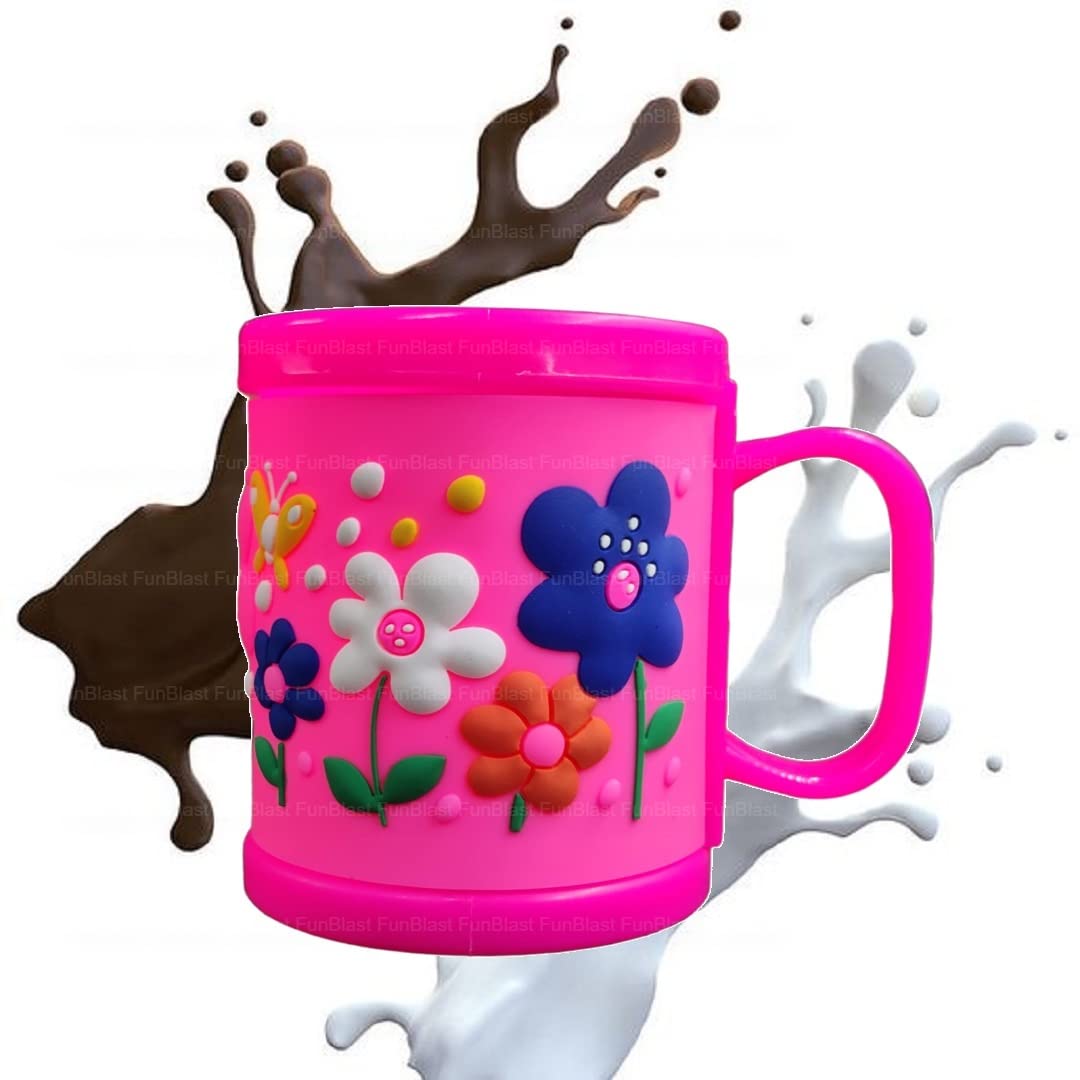 FunBlast Kids Milk Mug with Cartoon Flower Design - 350ML BPA-Free Plastic Drinking Cup for Girls & Boys - Perfect Birthday Gift, Party Favors & Daily Use at Home or School (Pink)