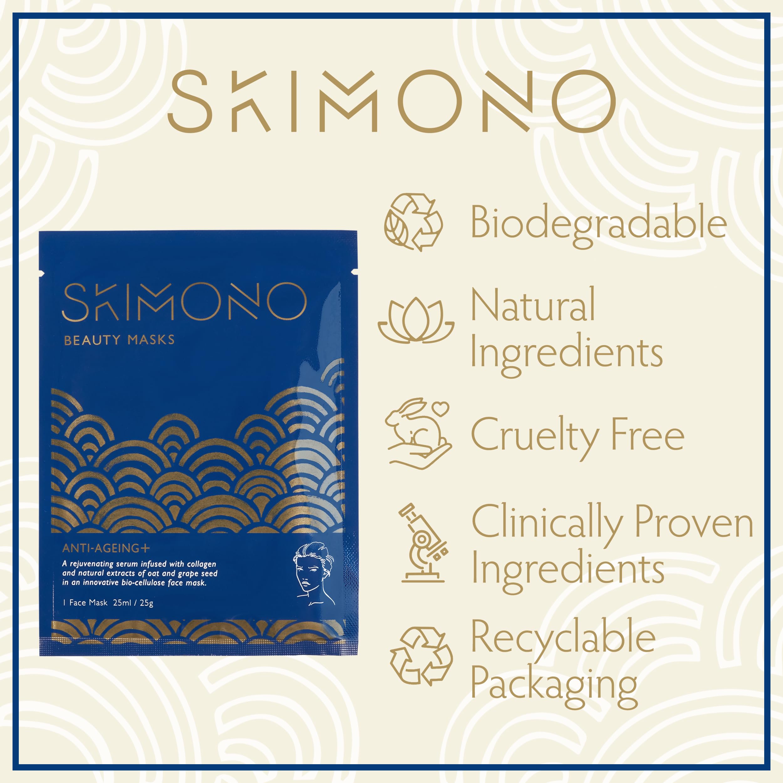 SKIMONO Anti-Aging Bio-Cellulose Face Mask with Collagen, Oat & Grapeseed Extract - Hydrating Moisturizer for Wrinkle Reduction, Vegan & Cruelty-Free Sheet Mask (1 Pack) - Perfect for Spa Night, Self-Care Routine & Glowing Skin
