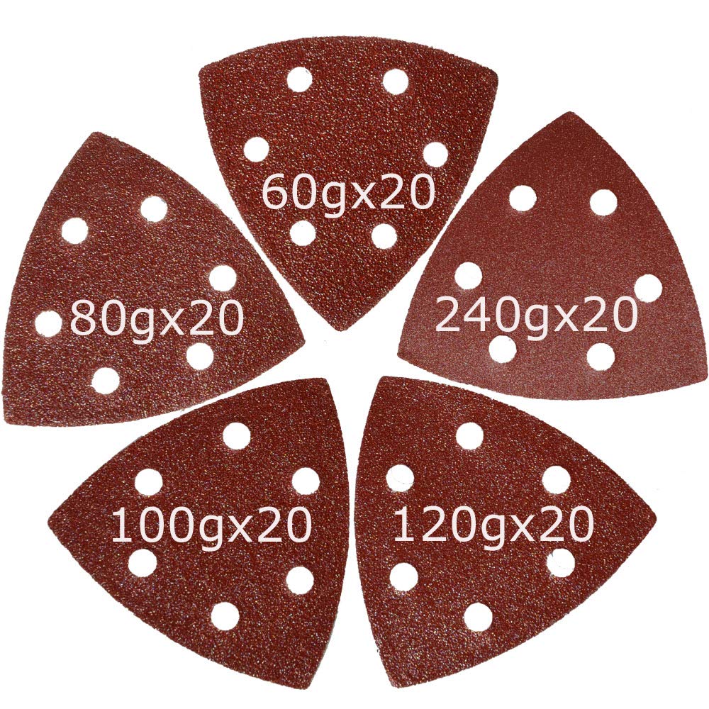 XXGO 3.5 Inch 90mm Triangular Sandpaper Assortment - 60/80/100/120/240 Grits Hook & Loop Multi-Tool Sanding Pads (Pack of 100) - Compatible with 3.5