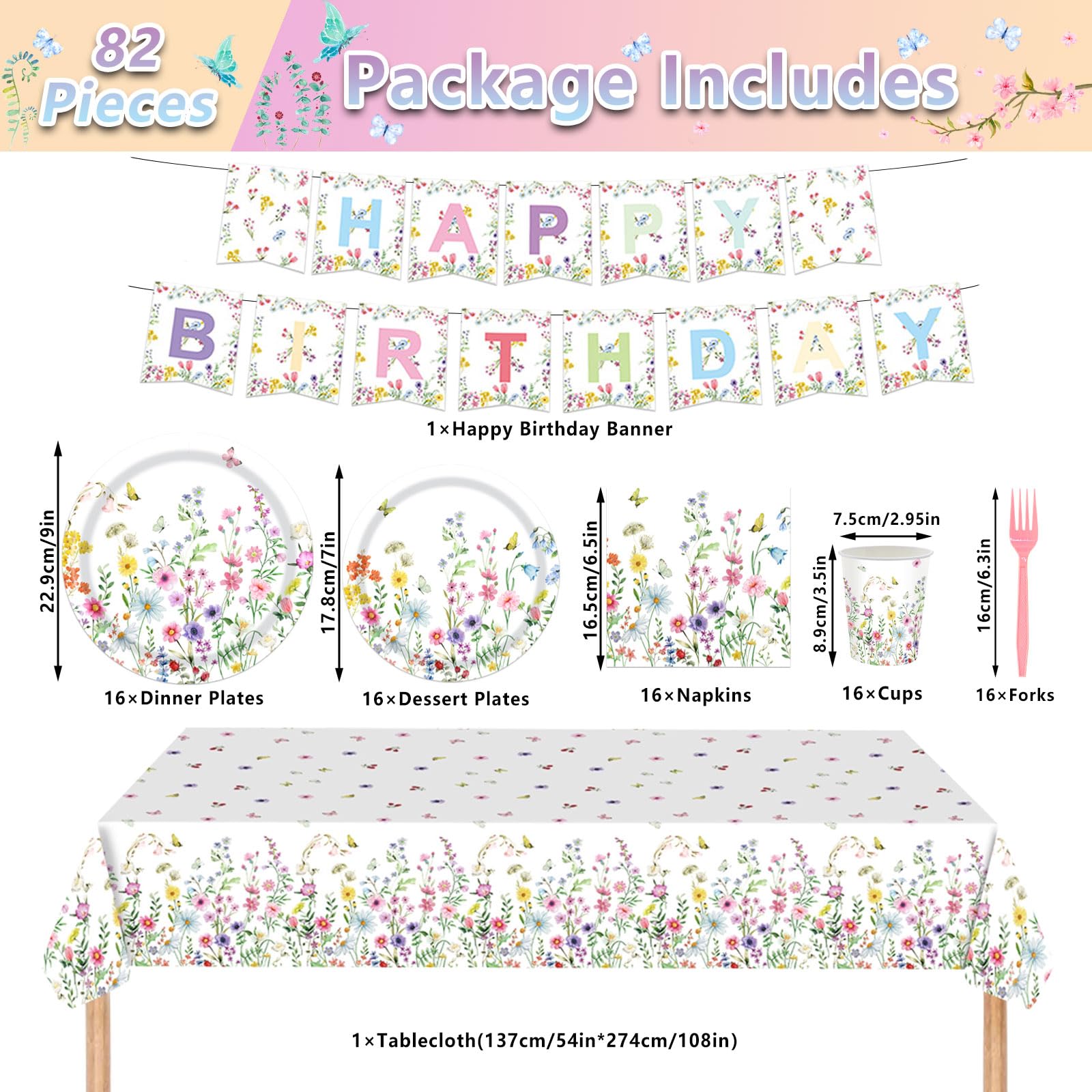 82-Piece Spring Floral Party Supplies Set - Wildflower Paper Plates, Napkins & Disposable Tableware for 16 Guests - Perfect for Baby Showers, Birthday Parties & Spring Celebrations - Elegant Floral Dinnerware for Outdoor Picnics & Garden Events