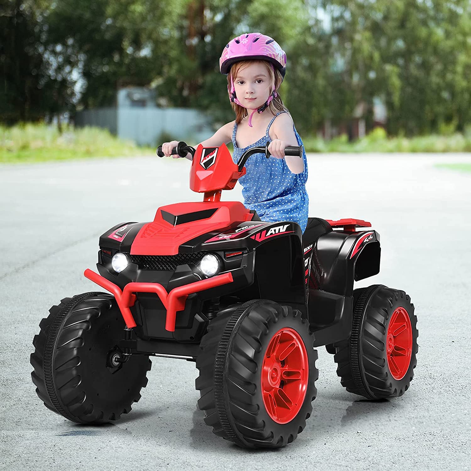 OLAKIDS 12V Kids Ride On ATV Electric Quad - 4 Wheeler Battery Powered Motorized Toy Car for Boys & Girls with LED Lights, Music & Horn - High/Low Speed & Soft Start (Red) - Perfect for Outdoor Play, Backyard Fun & Birthday Gifts