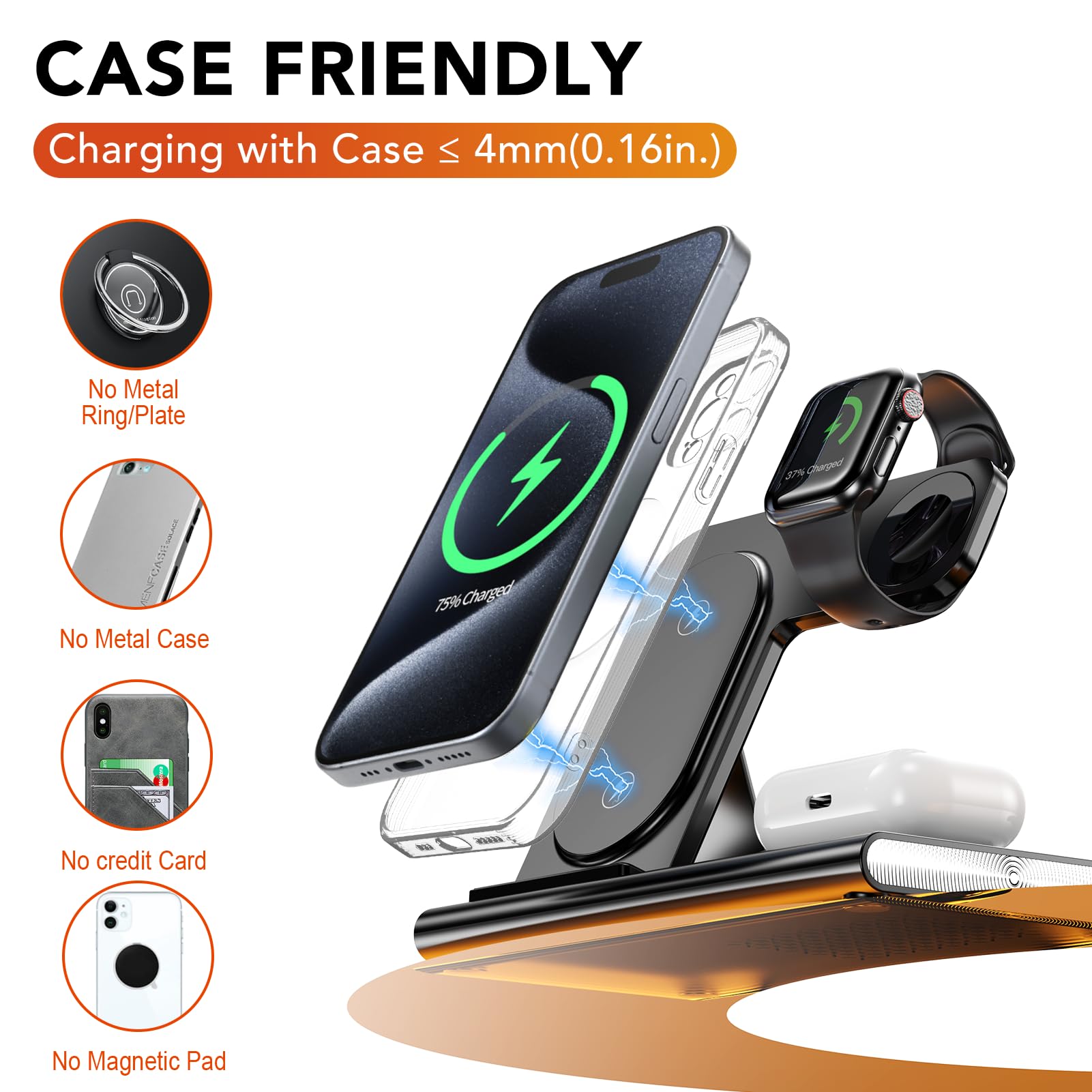 3-in-1 Foldable Wireless Charging Station for iPhone 16/15/14/13/12/11 Series, Apple Watch & AirPods 4/3/2/Pro/Pro 2 - Multi-Device Fast Charger with Night Light (Black) | Perfect for Bedside, Office & Travel Charging