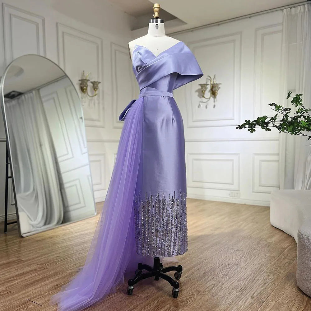 Serene Hill Sage Green Satin One Shoulder Beaded Mermaid Tea Length Evening Gown for Women - Wedding Party Guest Dress, Prom, Cocktail, Formal Events - LA72194
