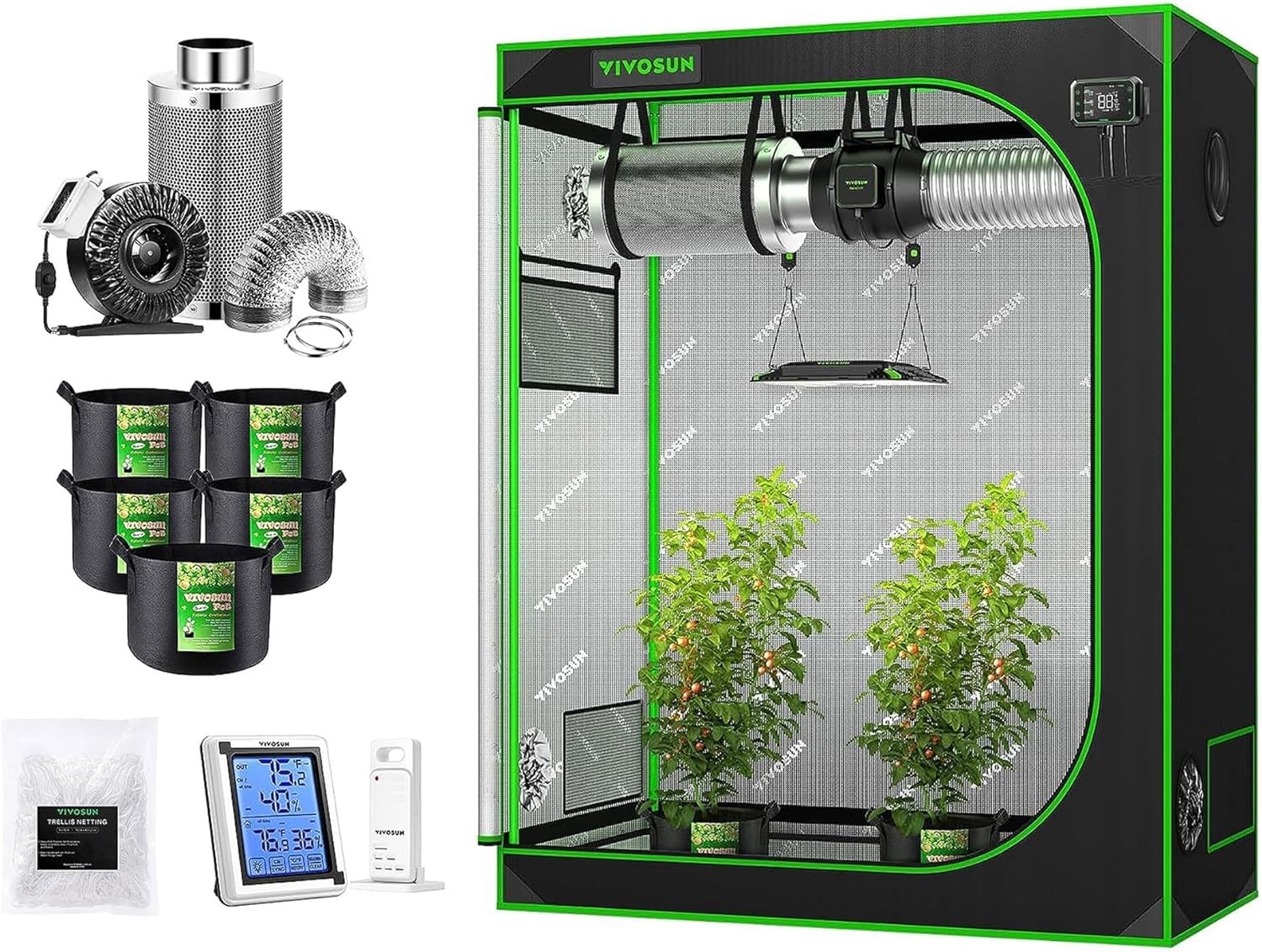 VIVOSUN 4x2 Feet Complete Indoor Grow Tent Kit with 4 Inch 203 CFM Air Filtration System, 5-Pack 5 Gallon Plant Grow Bags, 5x15 Feet Trellis Netting & Hygrometer - Perfect for Hydroponics, Seed Starting & Indoor Gardening