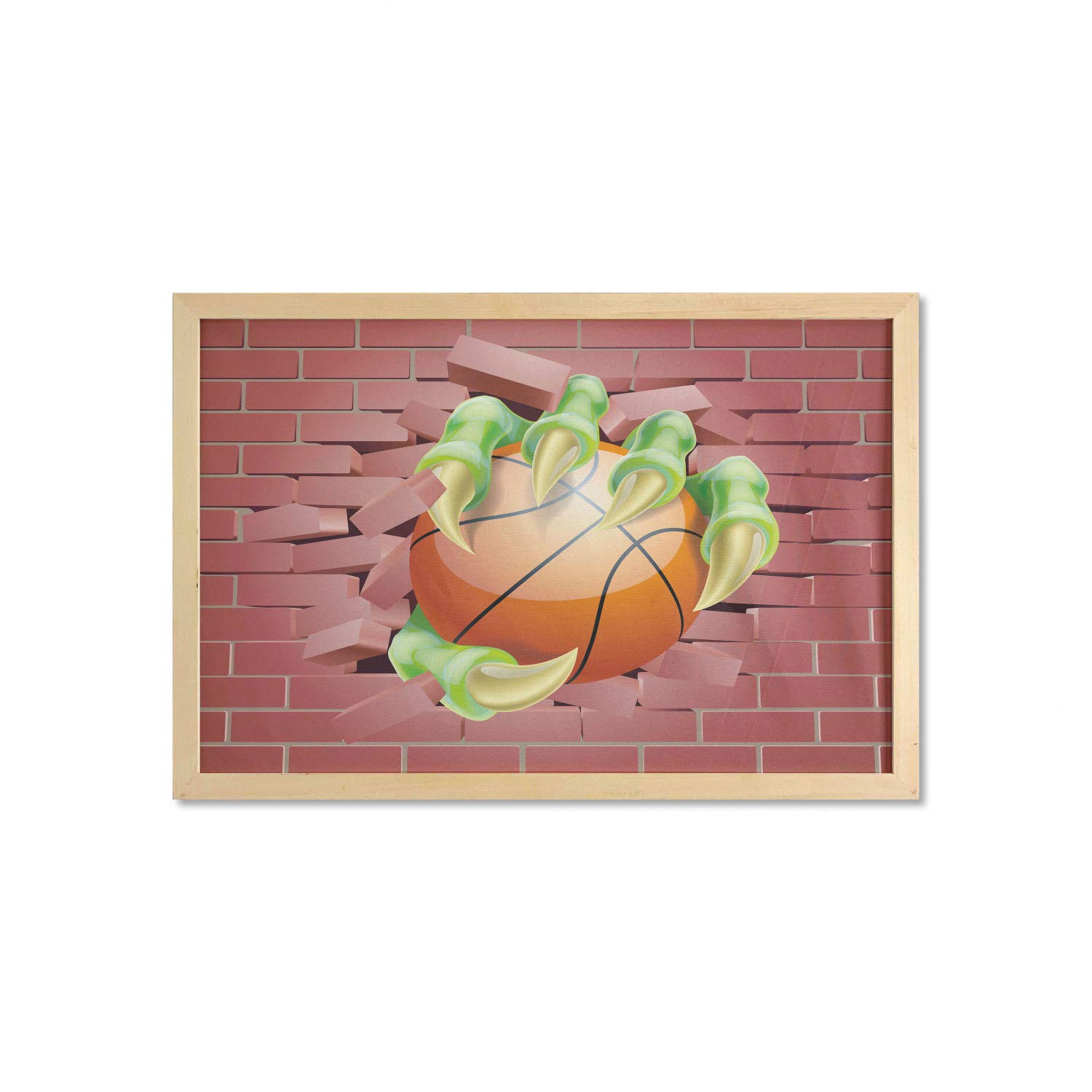 Ambesonne Framed Brick Wall Art - Monster Claw Hand Holding Basketball Through Broken Wall - 35