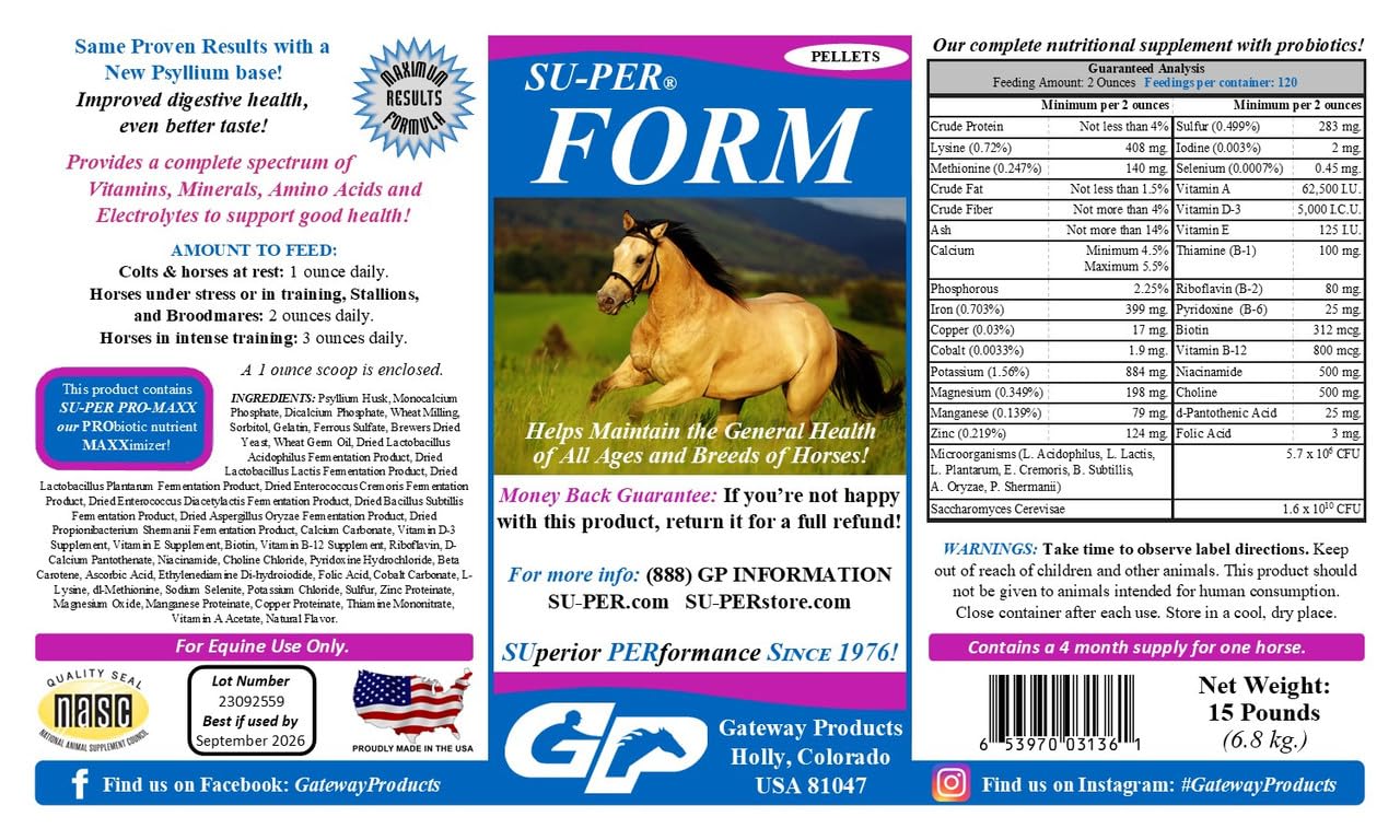 Premium Horse Vitamins & Minerals Supplement Pellets - Probiotics, Amino Acids & Electrolytes for Equine Health - 15lb Bag (4 Month Supply) - Supports Digestive, Immune & Muscle Health - Ideal for Performance Horses, Senior Horses & Breeding Mares