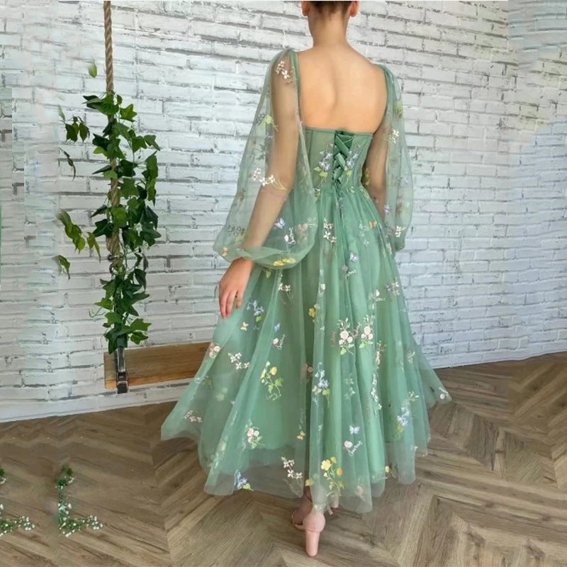 Elegant Green Long Sleeve Embroidered Floral Tulle Prom Dress for Homecoming - Perfect for Formal Dances, Evening Parties & Special Occasions