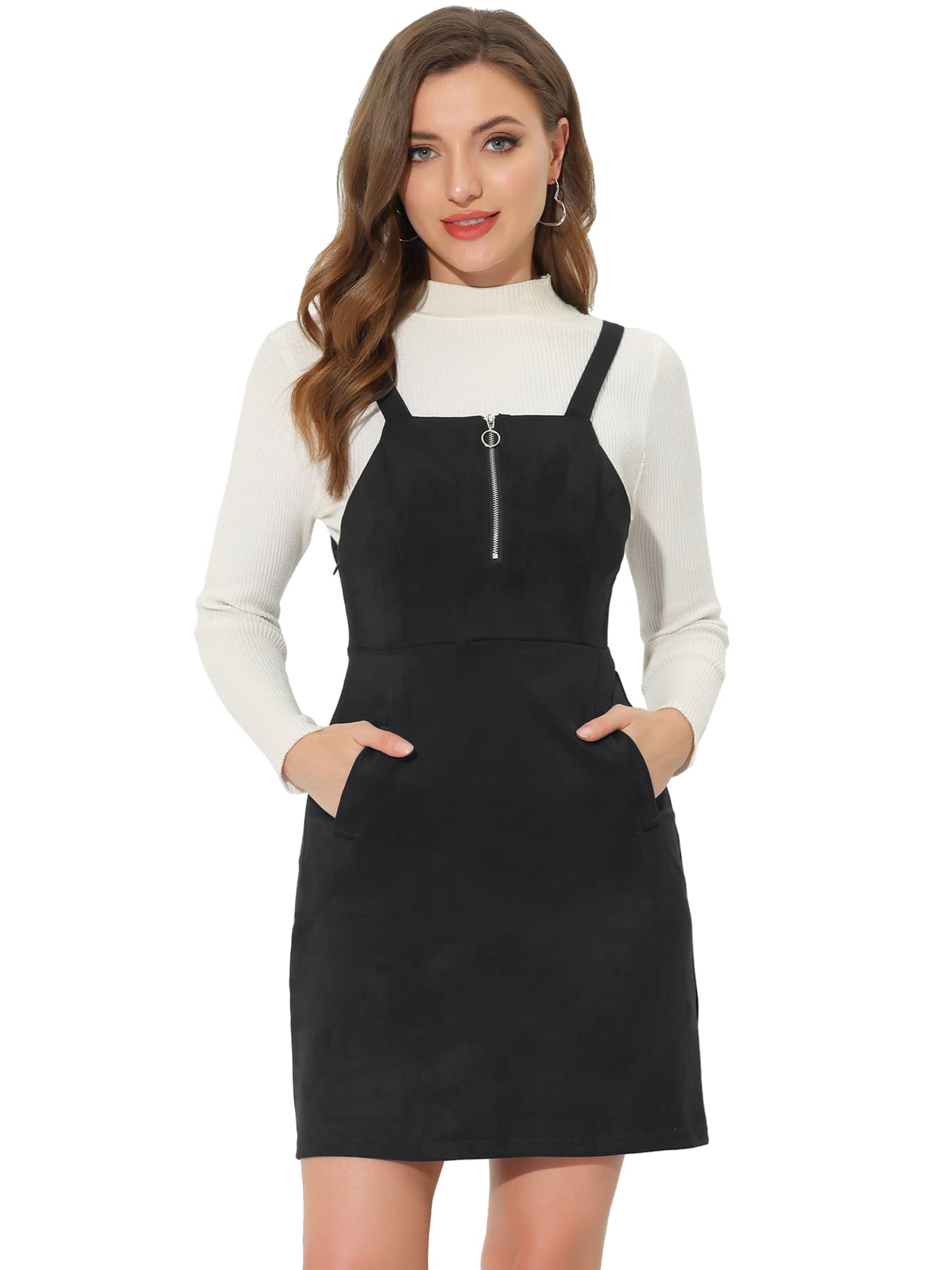 Allegra K Women's Faux Suede A-Line Pinafore Dress with Front Zipper | Casual Vintage Overalls Jumpsuit for Fall, Date Night & Boho Outfits