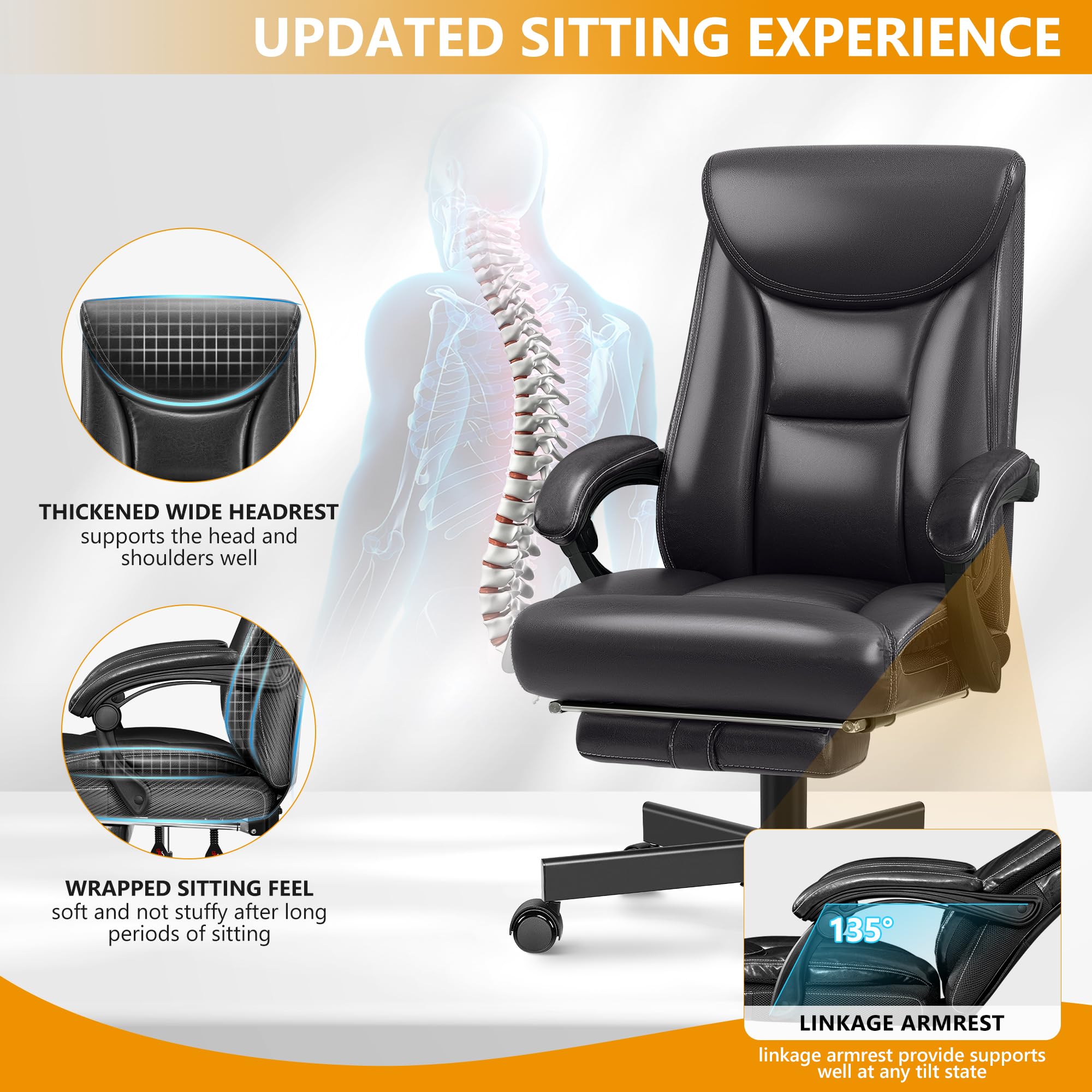 Premium Ergonomic Office Chair for Big and Tall - High Back Executive Leather Desk Chair with Lumbar Support, Swivel Base & Wheels - Home Office Computer Chair with Footrest (Glossy Black) - Perfect for Long Work Hours & Gaming Sessions