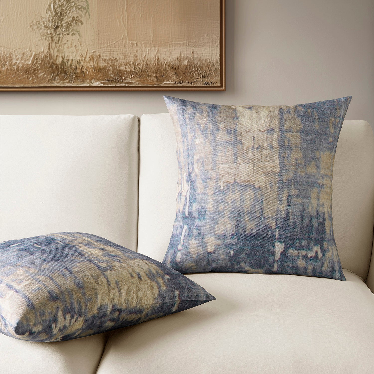 Lake Blue Abstract Textured Printed Cotton Cushion Covers (Set of 2) - Modern Boho Home Decor for Sofa, Bed & Living Room