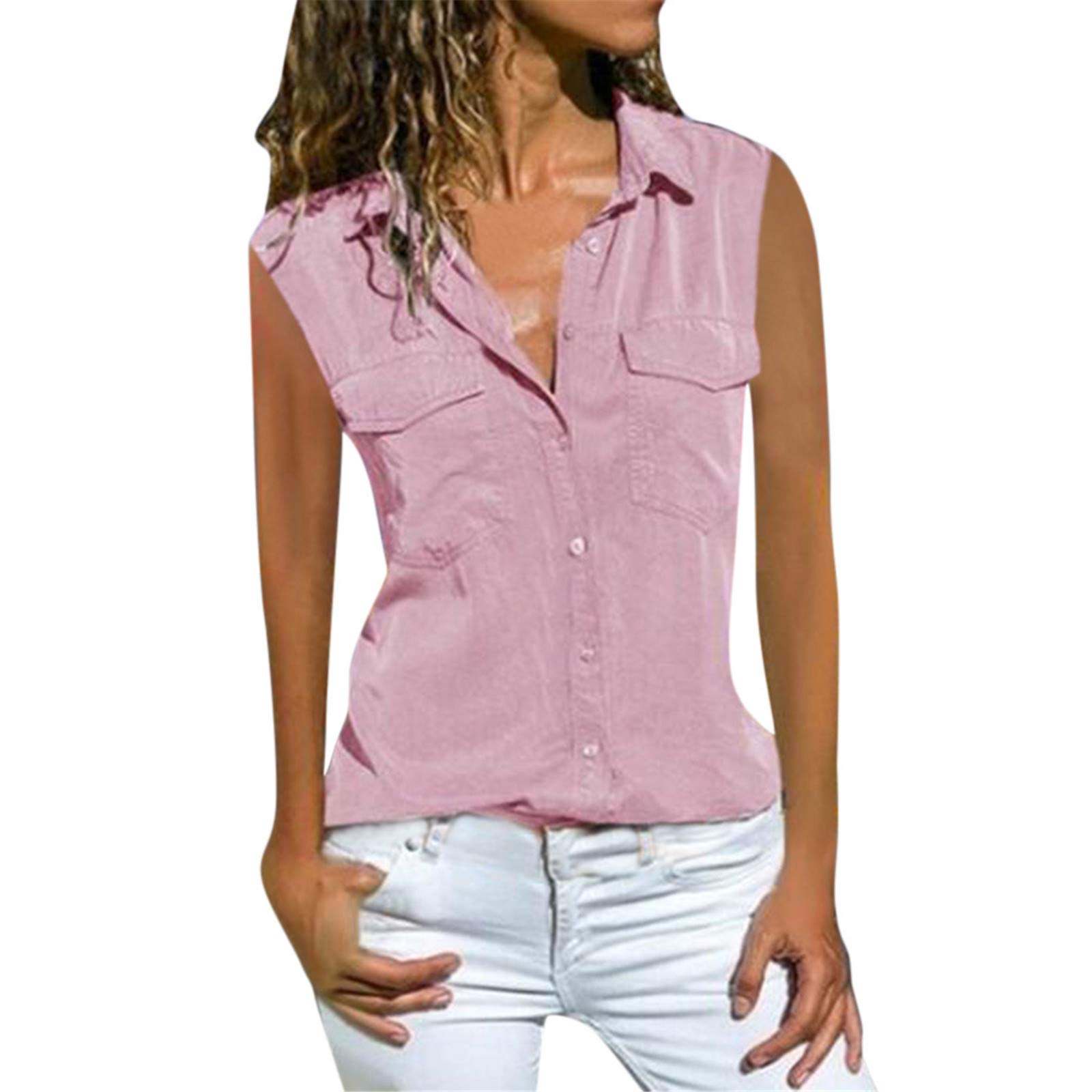 Women's Summer Sleeveless Pocket T-Shirts - Casual Solid Color Button Down Collar Tops for Outdoor Activities, Beach Wear & Daily Fashion