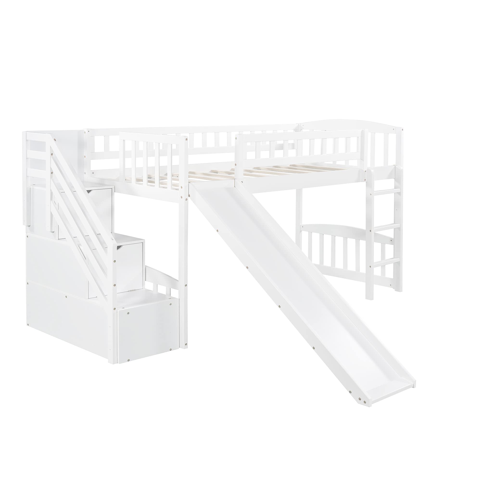 SOFTSEA Twin Loft Bed with Staircase & Slide - Wooden Kids Storage Loft Bed for Teens & Juniors - White - Perfect for Small Bedrooms, Playrooms & Dorm Rooms