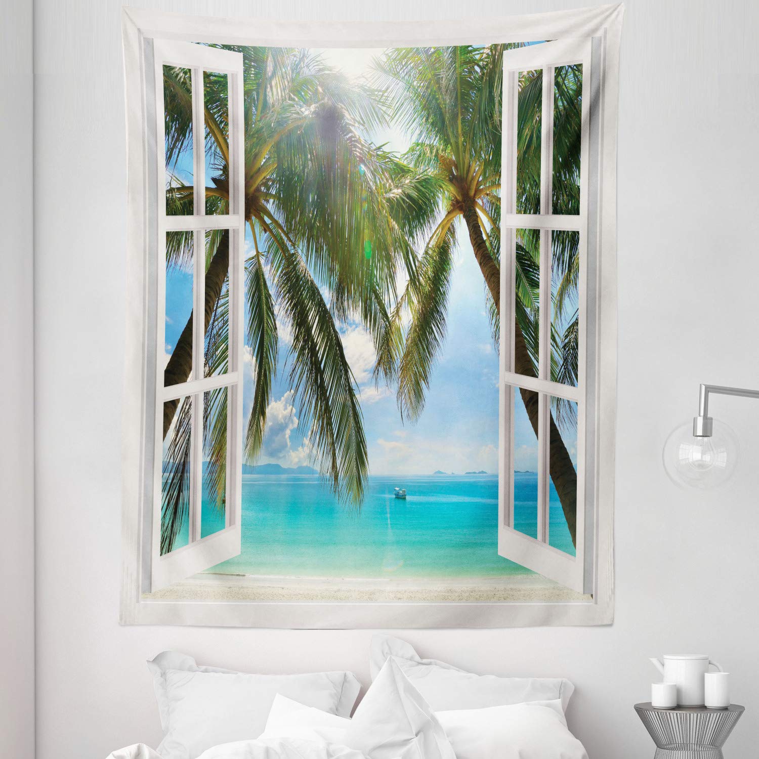 Ambesonne Tropical Tapestry - Twin Size Beach Landscape Wall Hanging with Palm Trees, 68x88 Inch Multicolor Wall Decor, Bedspread & Bed Cover - Perfect for Bedroom, Dorm, Living Room & Boho Home Decor