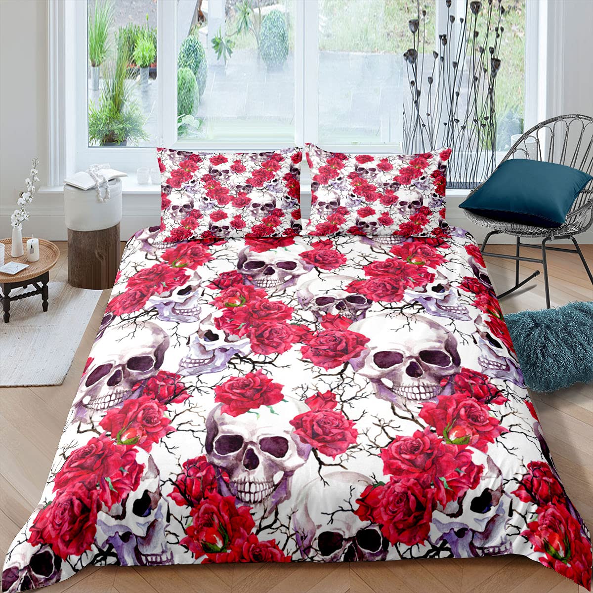 Gothic Sugar Skull Duvet Cover Set with Red Roses - Twin Size White Bedding with 1 Pillowcase | Floral Skeleton Bones Design for Kids, Boys & Girls | Perfect for Halloween Decor, Teen Room Makeover & Unique Bedroom Style