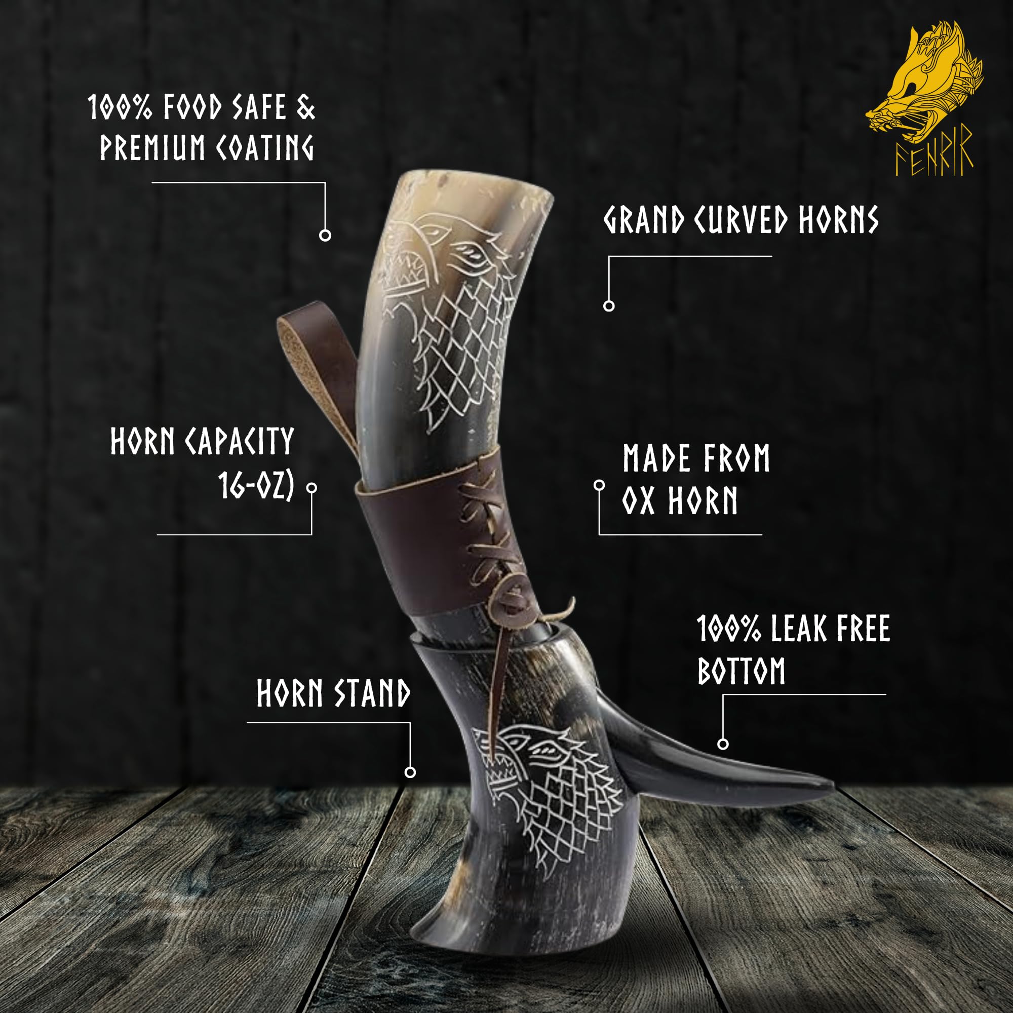 FENRIR 16 oz Viking Drinking Horn with Stand - Norse Viking Beer Cup for Ale, Mead & Wine | Food Grade Wolf Shine Polished | Perfect for Medieval Parties, Renaissance Fairs & Viking Themed Events | Includes Holster & Bottle Opener - Unique Gift for Men & Women