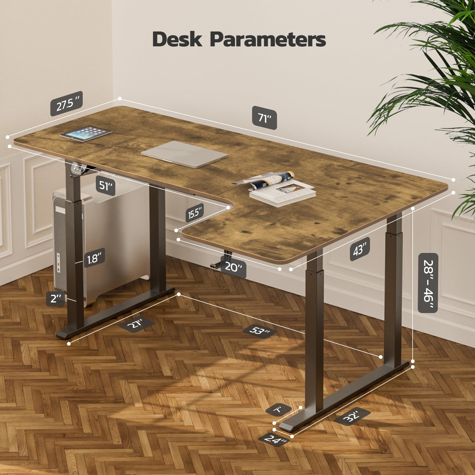 Dripex Electric L-Shaped Standing Desk - Adjustable Height Corner Desk with Dual Motor for Home Office, 71 x 43 Inch Rustic Brown - Perfect for Ergonomic Workspace & Small Office Setup