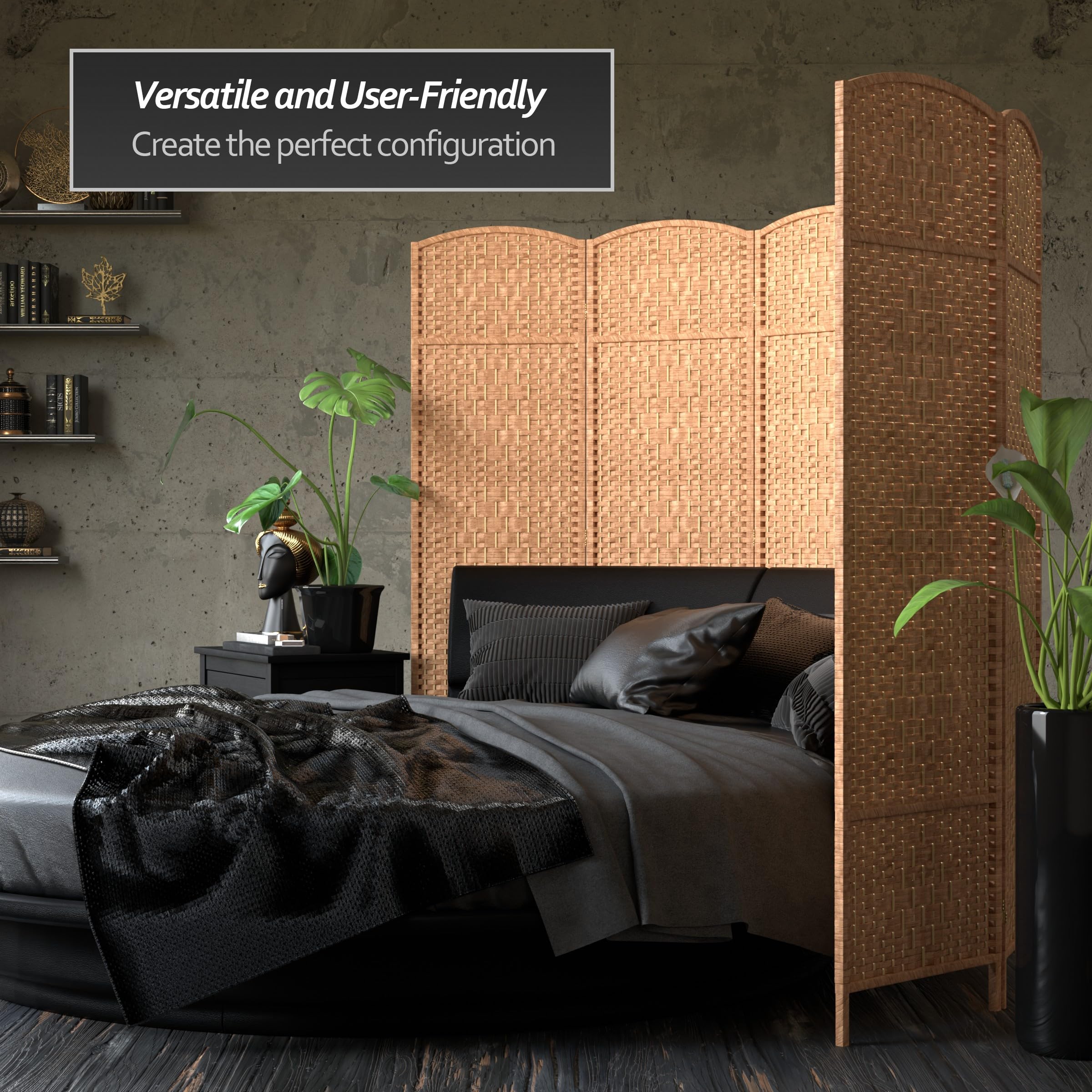 6 ft. Tall Red Diamond Weave Fiber Room Divider - Natural 4-Panel Folding Screen for Home, Office, and Outdoor Privacy Partition