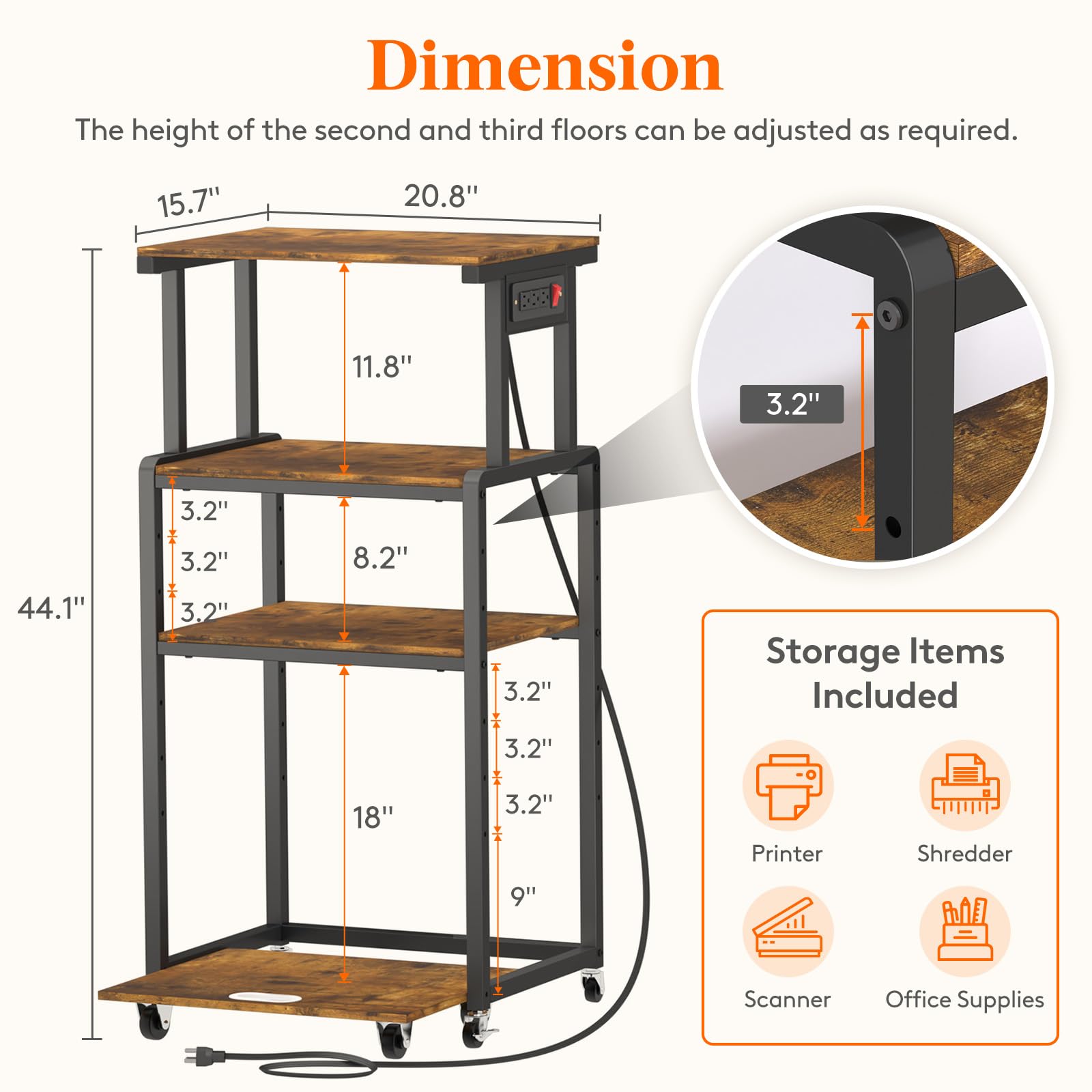 Lifewit 4-Tier Rolling Printer Stand with 3 Power Outlets, Adjustable Storage Shelf & Wheels - Mobile Office Organizer for Printer, Scanner, Fax Machine, Shredder - Rustic Brown Home Office Furniture for Small Spaces & Workspaces