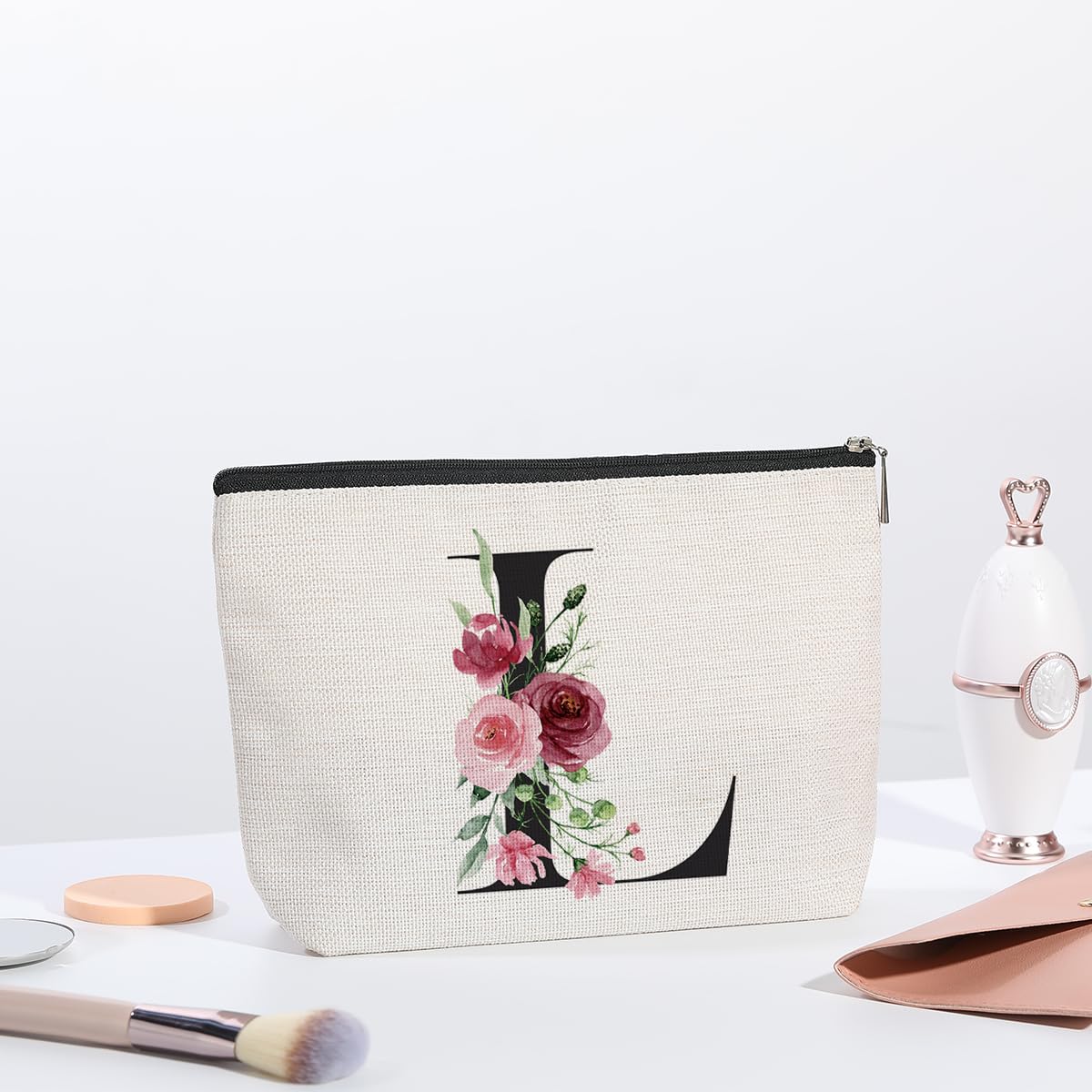 Personalized Initial Makeup Bag - Monogrammed Cosmetic Pouch for Women (Letter L) | Bridesmaid Gifts, Birthday Present for Mom, Best Friend Gift Idea | Perfect for Travel, Wedding Essentials & Daily Beauty Storage