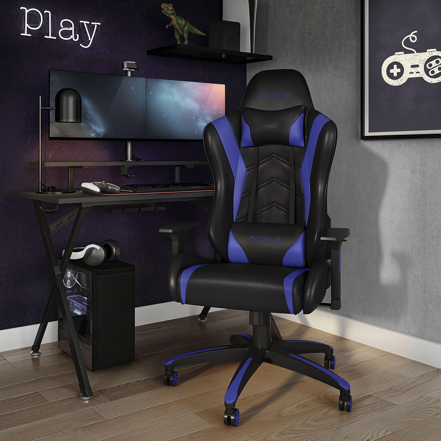 STAPLES 24326200 Vartan Ergonomic Gaming Chair - Blue Computer Chair for PC & Console Gamers - Comfortable Office Desk Chair for Long Hours of Work or Gaming