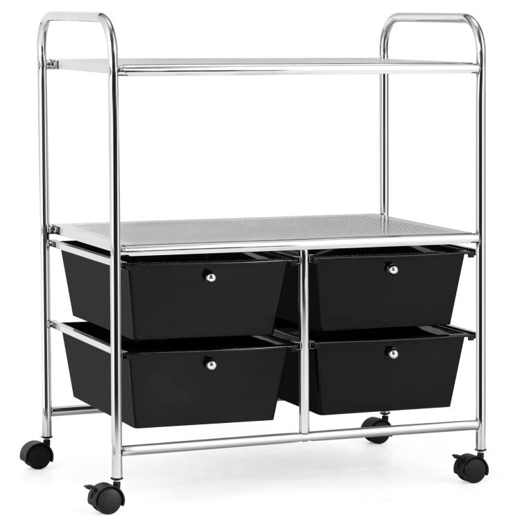 GBNIJ 4-Drawer Rolling Storage Cart with Shelves - Black Organizer for Kitchen, Bathroom, Office, or Dorm Room
