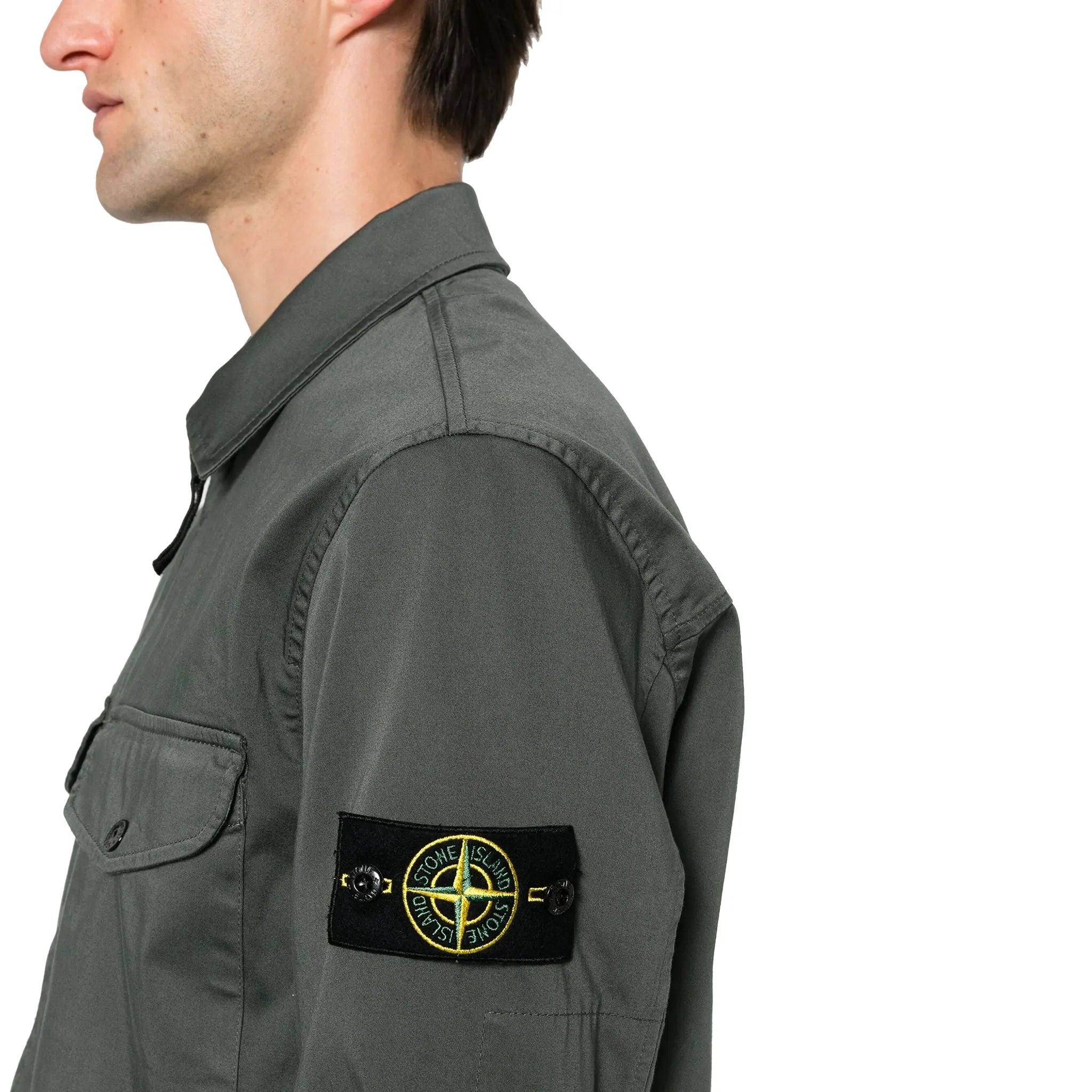 Stone Island Stretch Cotton Satin Dark Green Overshirt Jacket - Men's Lightweight Shacket for Casual Wear & Outdoor Activities