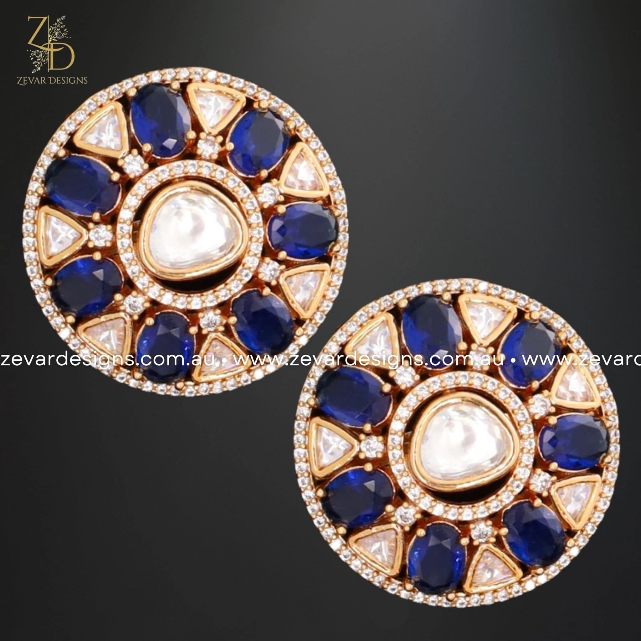Exquisite AD and Kundan Polki Stud Earrings in Blue - Perfect for Weddings, Parties, and Special Occasions