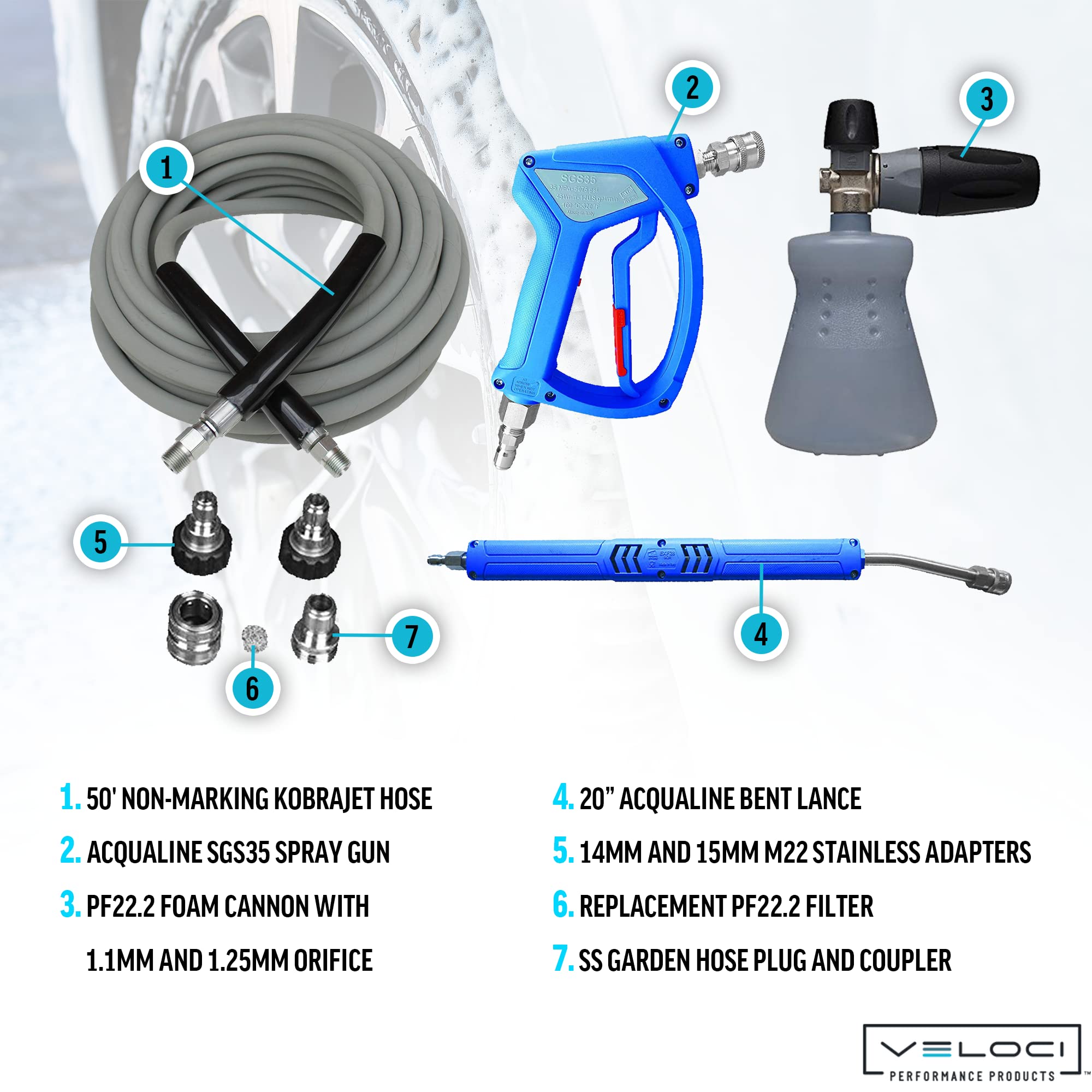 MTM Hydro Acqua Shine Auto Detailing Kit - PF22.2 Foam Cannon & Pressure Washer Spray Gun with 50' Kobrajet Hose | Professional Car Wash System for Home & Commercial Use | Perfect for Detailing, Ceramic Coating & Vehicle Maintenance