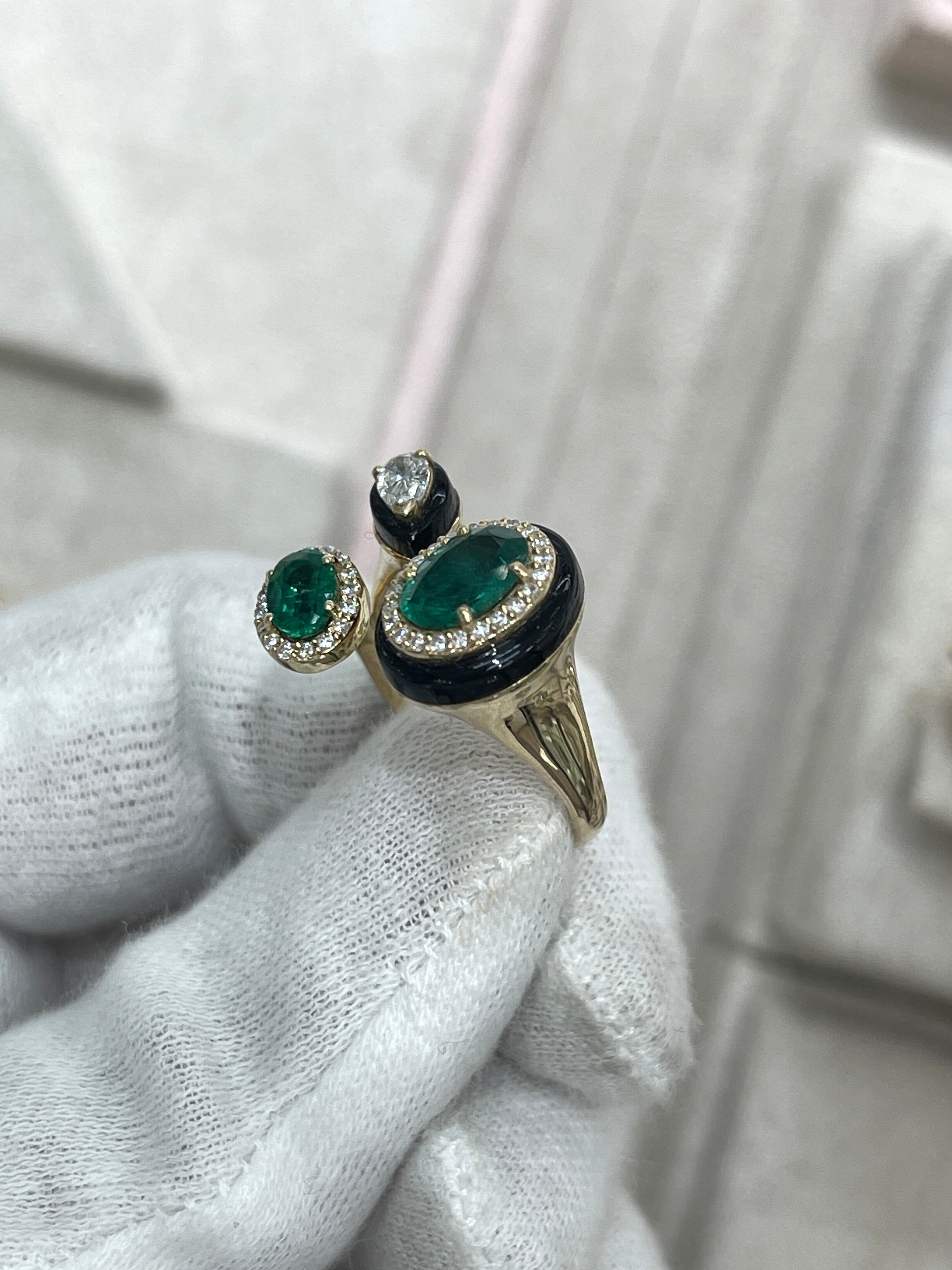 3.87tcw Oval Emerald Diamond Black Onyx Cluster Statement Ring in 14K Gold - Elegant Jewelry for Weddings, Parties & Special Occasions