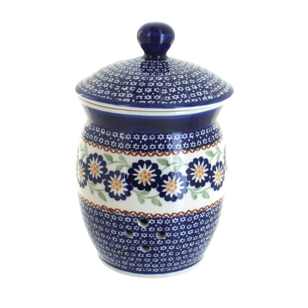 Blue Rose Polish Pottery Peach Blossom Garlic Keeper - Handmade Ceramic Garlic Storage Container for Kitchen, Pantry & Dining Room Decor