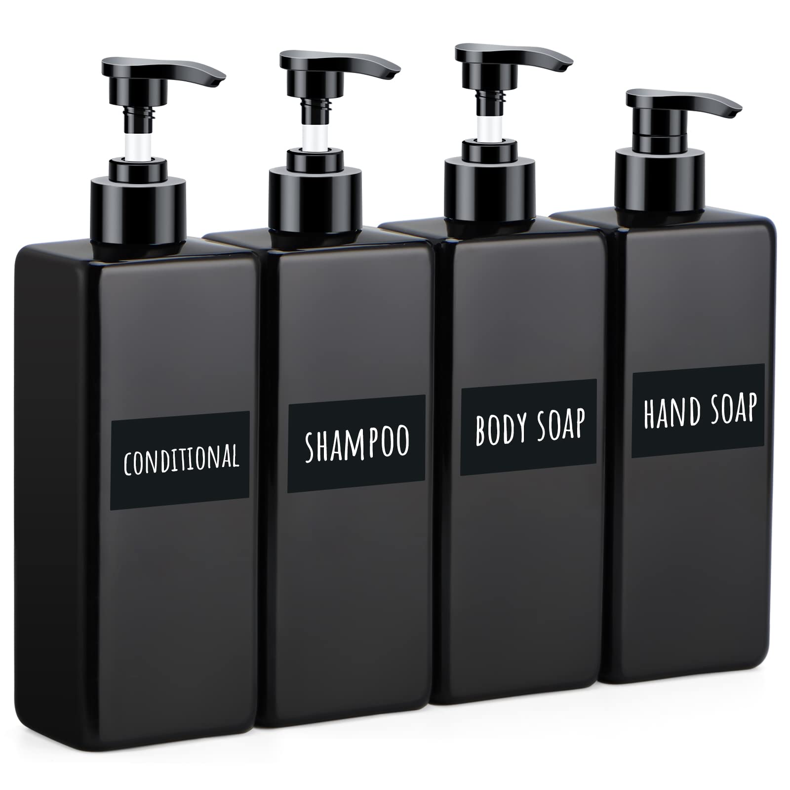 Segbeauty 4-Pack 16.9oz (500ml) Black Refillable Shower Dispenser Bottles - Plastic Pump Press Soap Dispensers for Bathroom, Shampoo, Conditioner, Body Wash, Lotion & Dish Soap | Perfect for Home, Gym & Travel Use