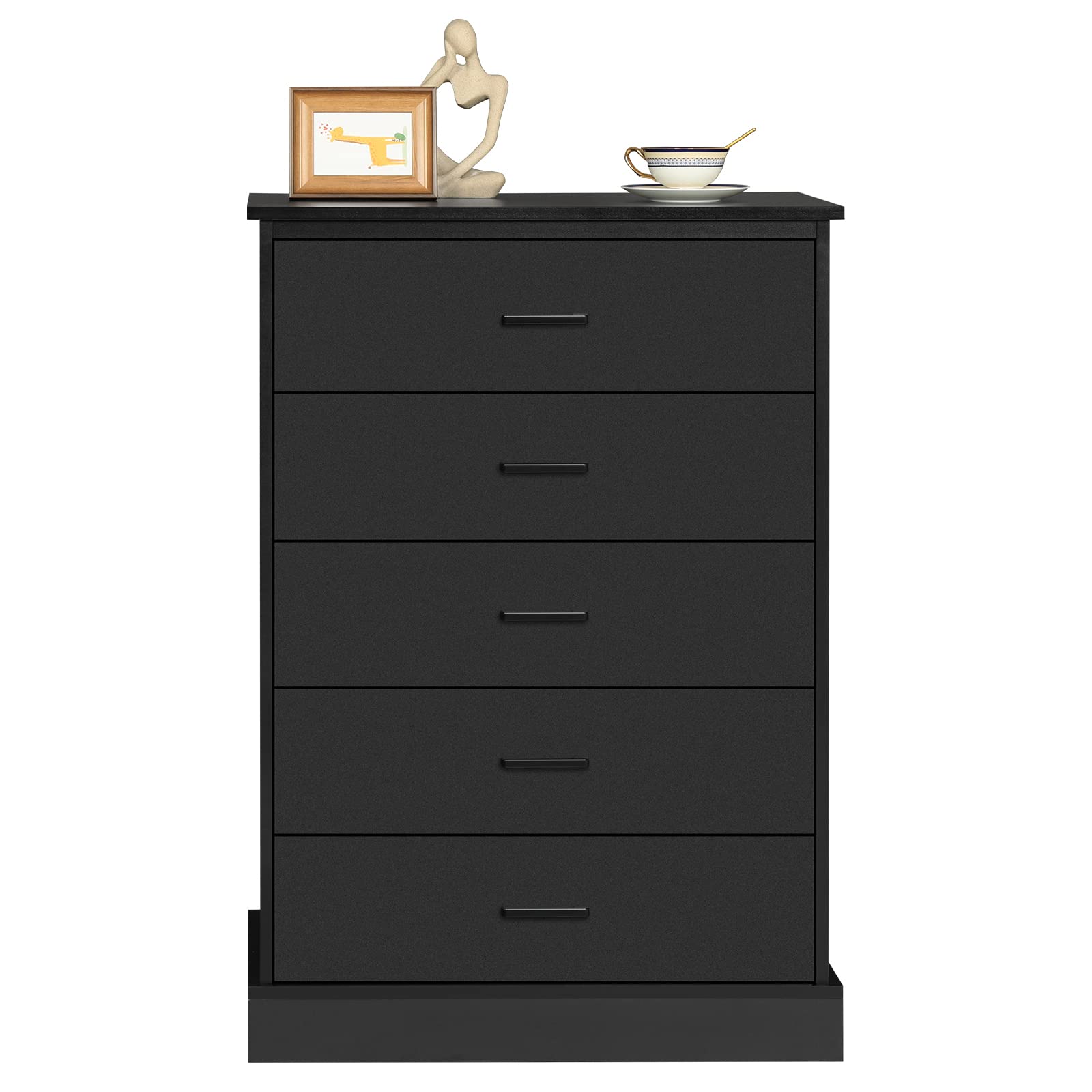 EPHEX 5-Drawer Tall Dresser for Bedroom - Modern Black Storage Tower & Clothes Organizer, Sturdy Chest of Drawers with Pedestal Base, 27.6