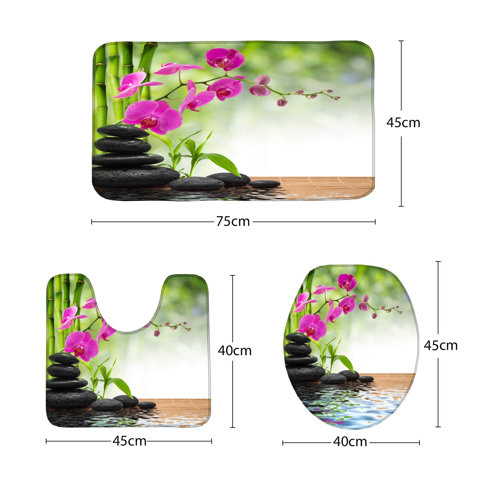 3-Piece Spa Zen Garden Bathroom Mat Set with Bamboo Orchids & Water Decor - Non-Slip Bath Mat, Contour Mat & Toilet Cover for Relaxing Bathroom Decor (Perfect for Zen Bathrooms, Spa Retreats & Home Wellness Spaces)