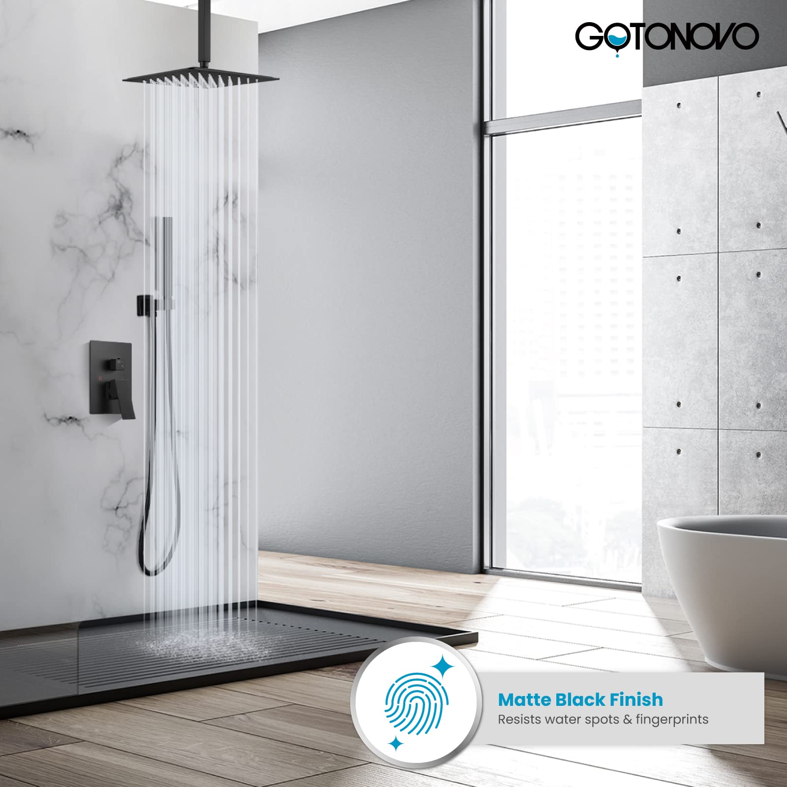 Gotonovo 12 Inch Matte Black Ceiling Mount Rainfall Shower System - Square Showerhead & 2-in-1 Cylindrical Handheld Shower Faucet Set with Rough-in Valve - Stainless Steel Bathroom Shower Trim Kit for Modern Luxury Spa Experience
