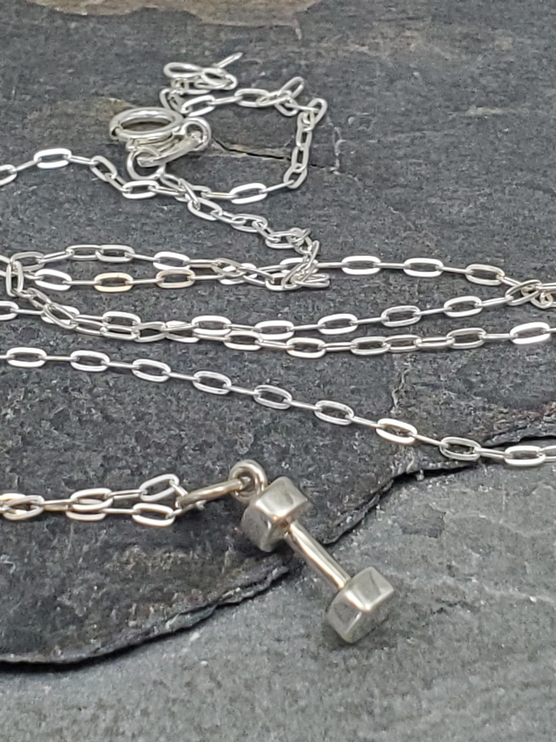 Sterling Silver Teeny Tiny Dumbbell Charm Necklace - 18 Inch Adjustable Chain - Gym Jewelry for Fitness Lovers & Workout Enthusiasts - Perfect for Yoga, Weightlifting & Gym Motivation