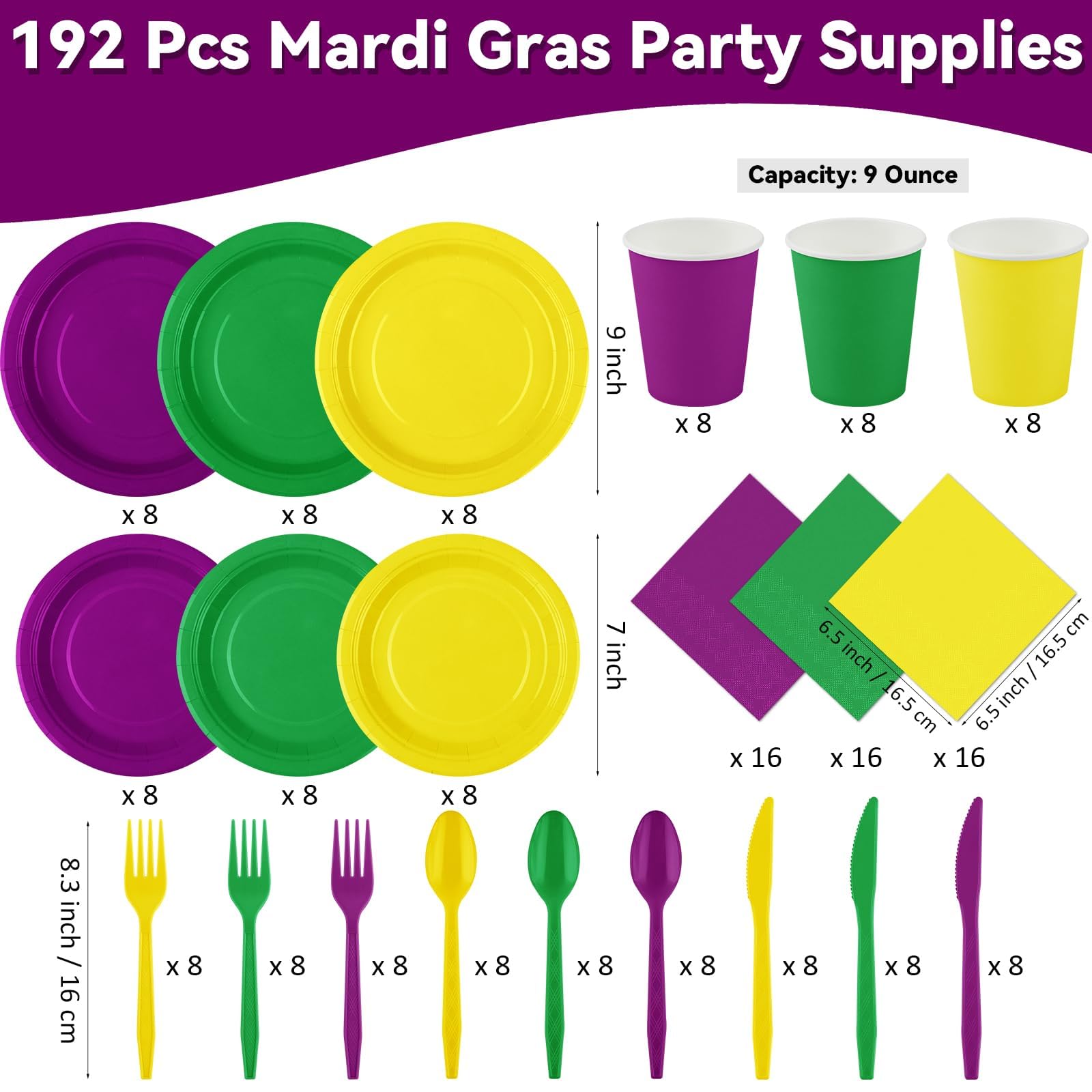 192-Piece Mardi Gras Party Decorations Set - Masquerade Plates, Cups, Napkins, Forks, Knives & Spoons - Disposable Tableware for Carnival, Festival, Birthday Parties - Perfect for Themed Events & Home Celebrations