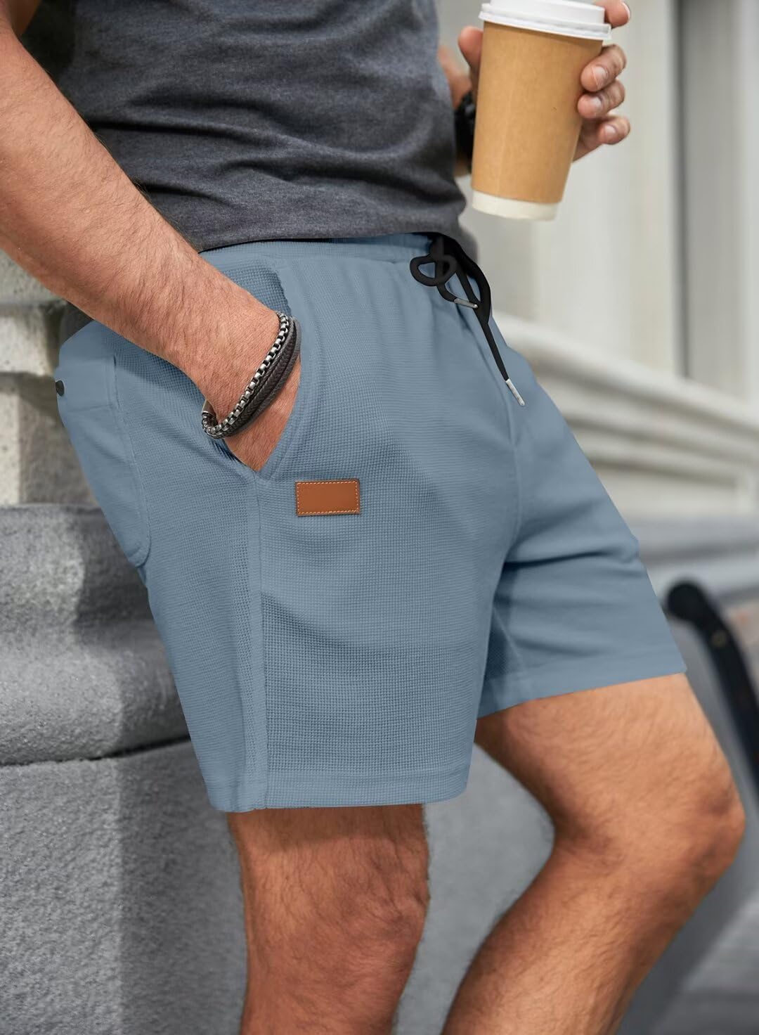 Men's Casual Waffle Shorts with Elastic Waist & Drawstring - 7