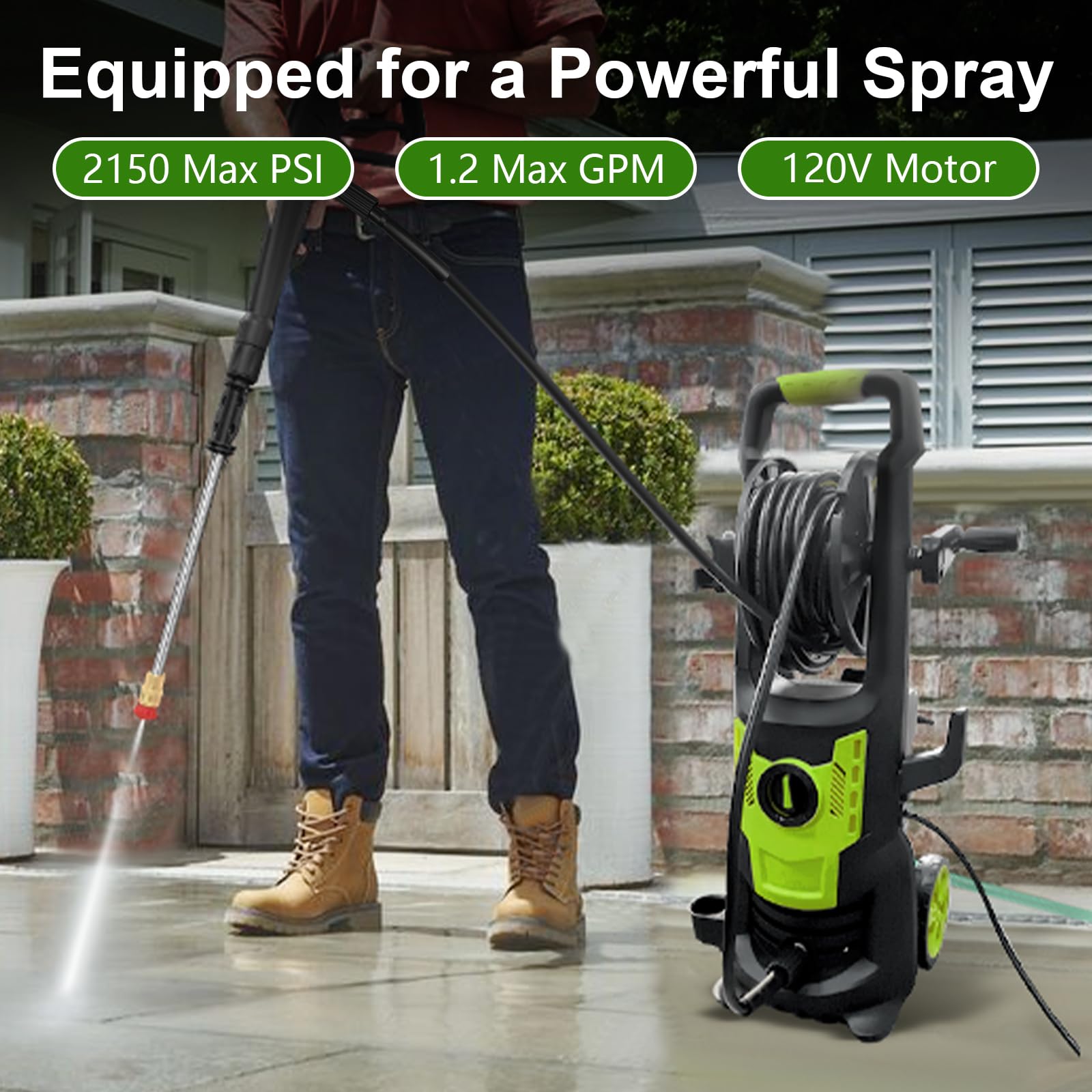 Electric Pressure Washer 1800 PSI, High Power Washer with 4 Quick-Connect Nozzles & Hose Reel, Foam Cannon Included - Ideal for Car Washing, Fence Cleaning, Deck & Patio Maintenance, Home Exterior Cleaning (Green) - Perfect for Driveway, Sidewalk, and Outdoor Surface Deep Cleaning