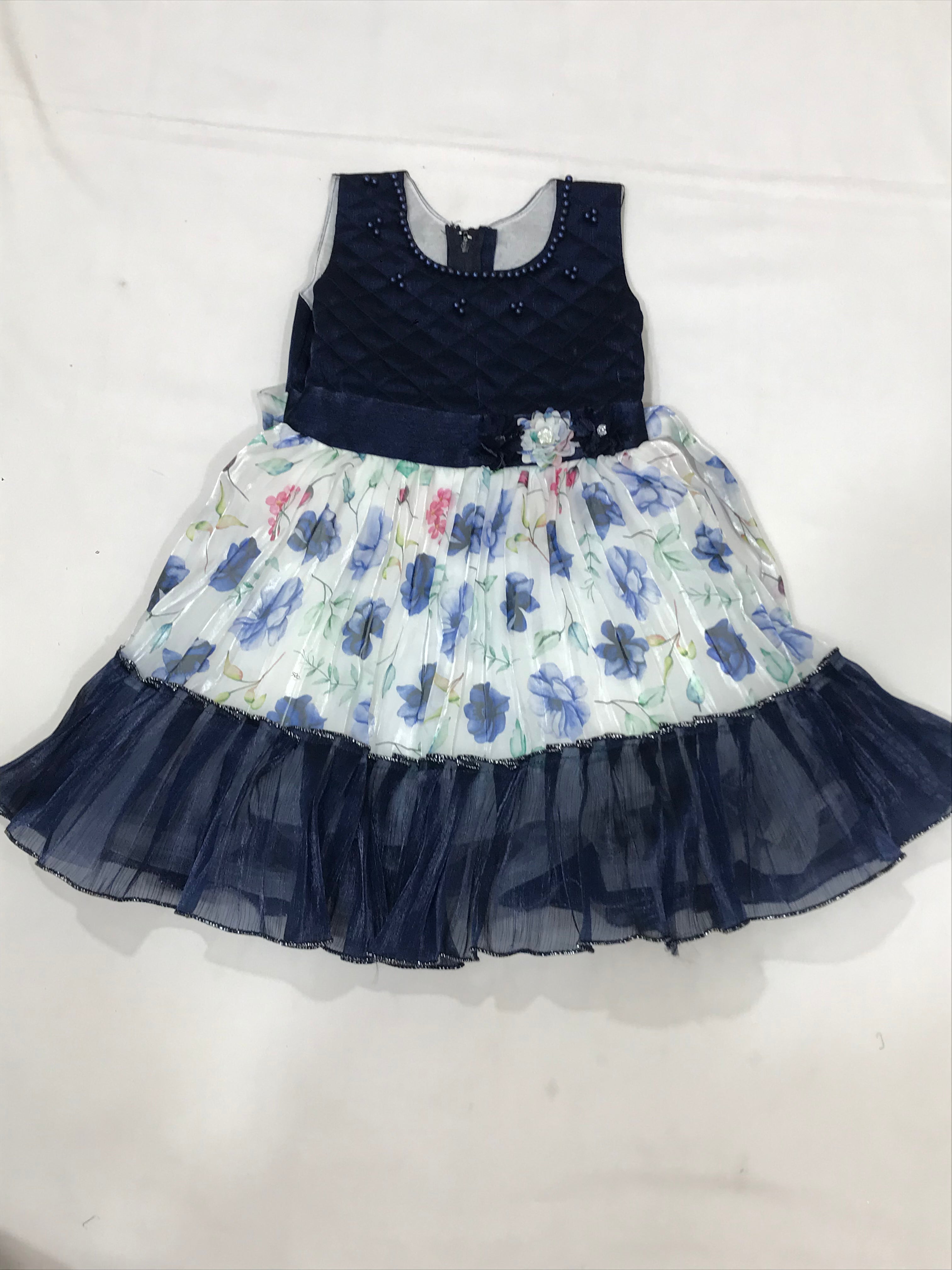 Elegant Blue Satin Silk Floral Dress for Girls - Perfect for Birthday Parties, Photo Shoots & Special Occasions