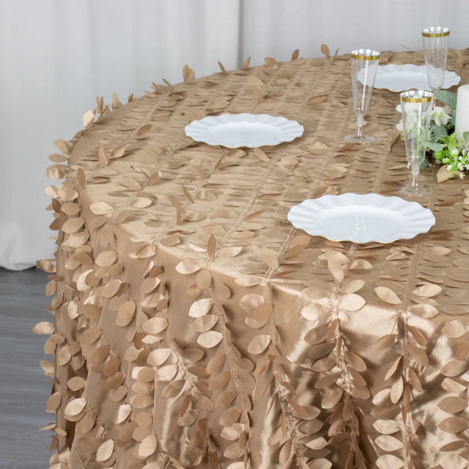 120 Inch Round Taffeta Tablecloth with Elegant Leaf Petal Design - Perfect for Weddings, Banquets, and Formal Dining Events