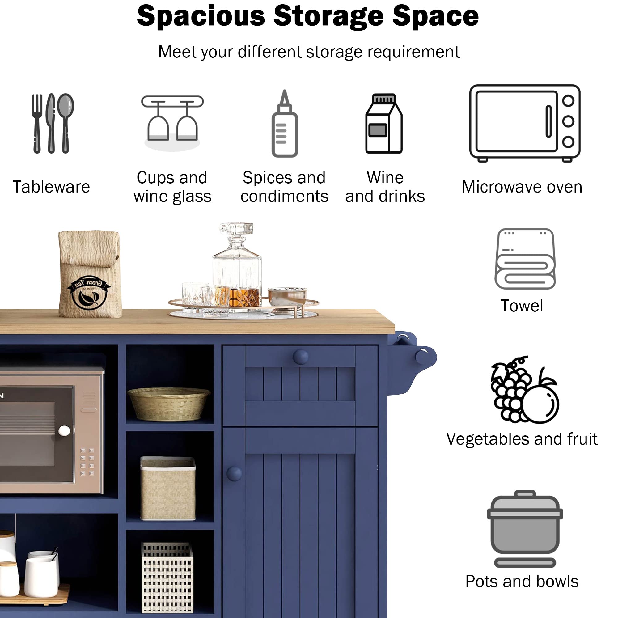 Solid Wood Kitchen Island Cart with Storage Cabinet & Microwave Shelf - Mobile Kitchen Cart for Dining Room, Living Room - Perfect for Small Spaces & Entertaining (Dark Blue)