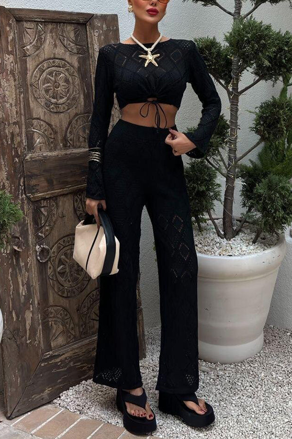 Women's Solid Color Hollow Knit Top & Stretchy Wide Leg Pants Casual Outfit Set - Perfect for Work, Travel and Everyday Wear