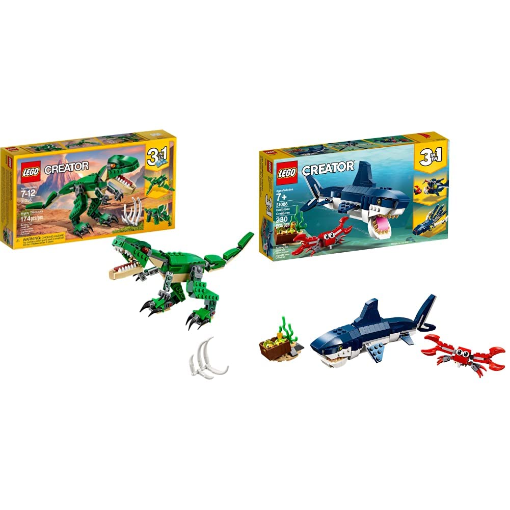 LEGO Creator 3in1 Deep Sea Creatures Building Kit 31088 - Build Shark, Squid, Angler Fish & Crab | Mighty Dinosaurs Set 31058 - Create Pterodactyl, Triceratops & T-Rex | STEM Educational Toys for Kids Ages 6-12 | Perfect for Creative Play & Dinosaur Lovers