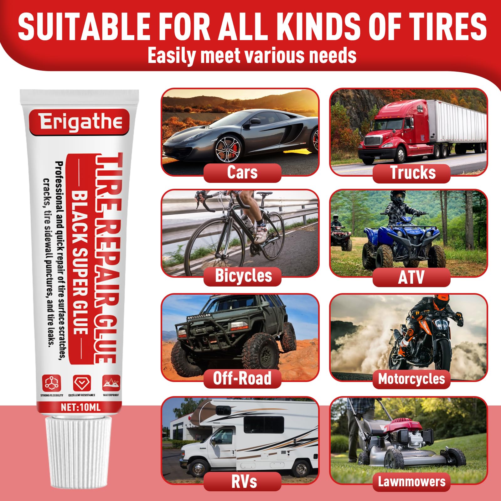 Premium Tire Repair Glue - Strong Black Rubber Cement for Sidewall & Puncture Repairs - Bike, Car, Motorcycle, Truck & Tractor Use - Includes 2 Sizes of Repair Nails (10ml x 2) - Ideal for Emergency Roadside Fixes & Off-Road Adventures