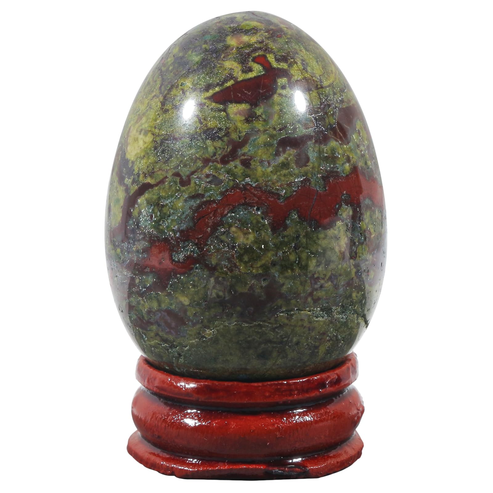 Healing Crystal Stone Egg Figurine - Polished Dragon Bloodstone Easter Egg Sphere with Wooden Stand (1.8 Inch) - Perfect for Meditation, Home Decor & Spiritual Gifts