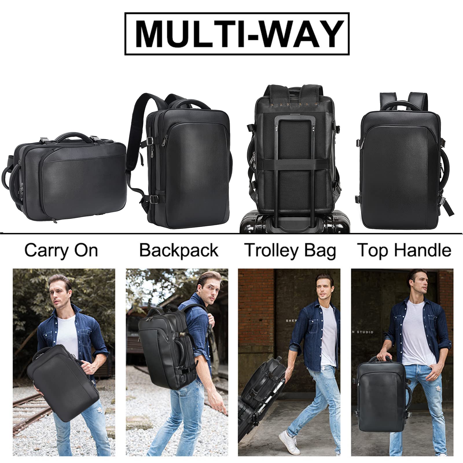 Expandable 15.6 Inch Leather Laptop Backpack for Men - 36L Business Travel Rucksack, Daypack & Weekender Bag - Perfect for Office Commute, Business Trips & Weekend Getaways