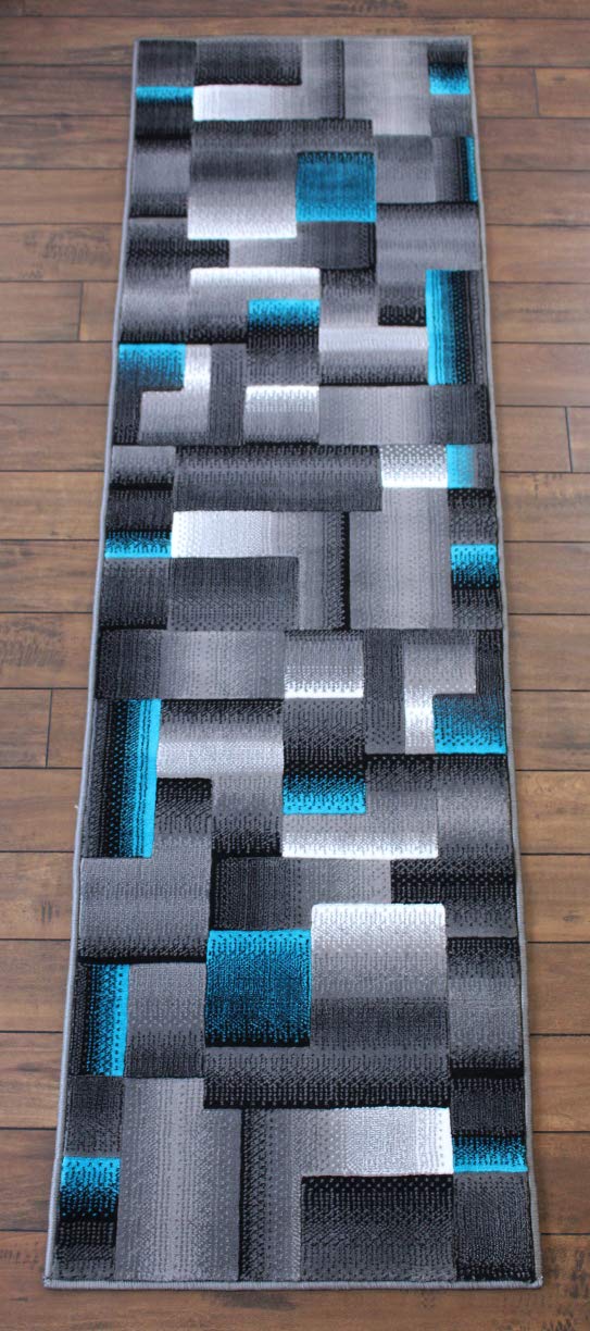 Masada Modern Contemporary Area Runner Rug - Turquoise Grey Black - 2' x 7' - Perfect for Hallway, Entryway & Narrow Spaces
