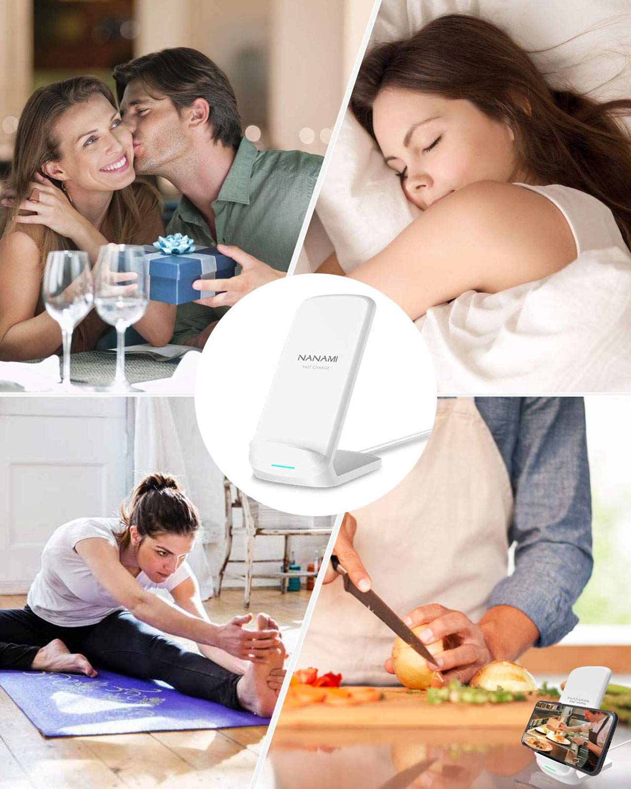NANAMI Fast Qi Wireless Charging Stand with Wall Adapter - 10W Wireless Charger for iPhone 16/15 Pro Max/14/13/12/11/XR/XS Max/8 & Samsung Galaxy S25/S24 Ultra/S23/S22/S21 Plus/S20 FE/S10/S9 & Google Pixel 9/6 - Perfect for Home, Office, and Nightstand Charging