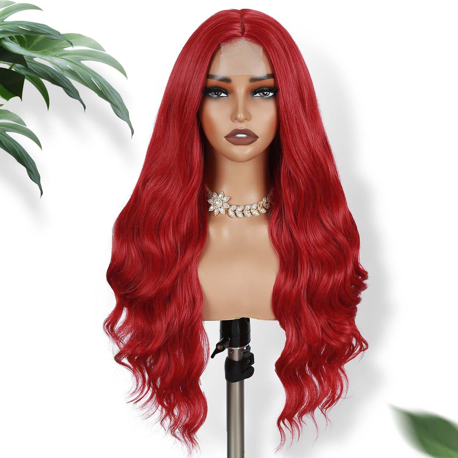 Natural Looking Long Red Wavy Wigs for Women - Heat Resistant Synthetic Curly Hair with Middle Part | Perfect for Daily Wear, Cosplay & Party (Bright Red)